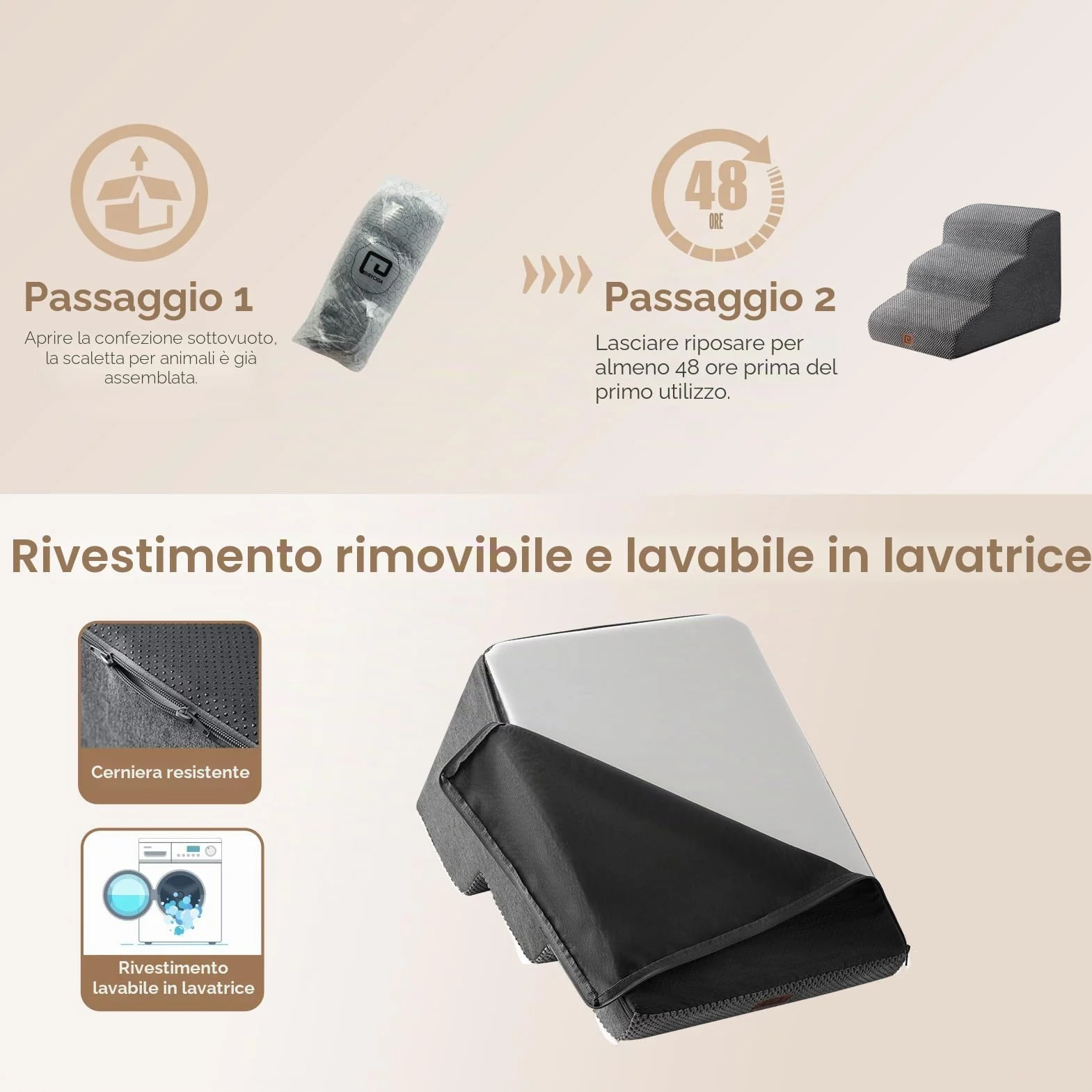 EHEYCIGA Scaletta per Cani 3 Gradini 40 cm, Scala Antiscivolo per Letto e Divano, Rivestimento Rimovibile e Lavabile, Grigio