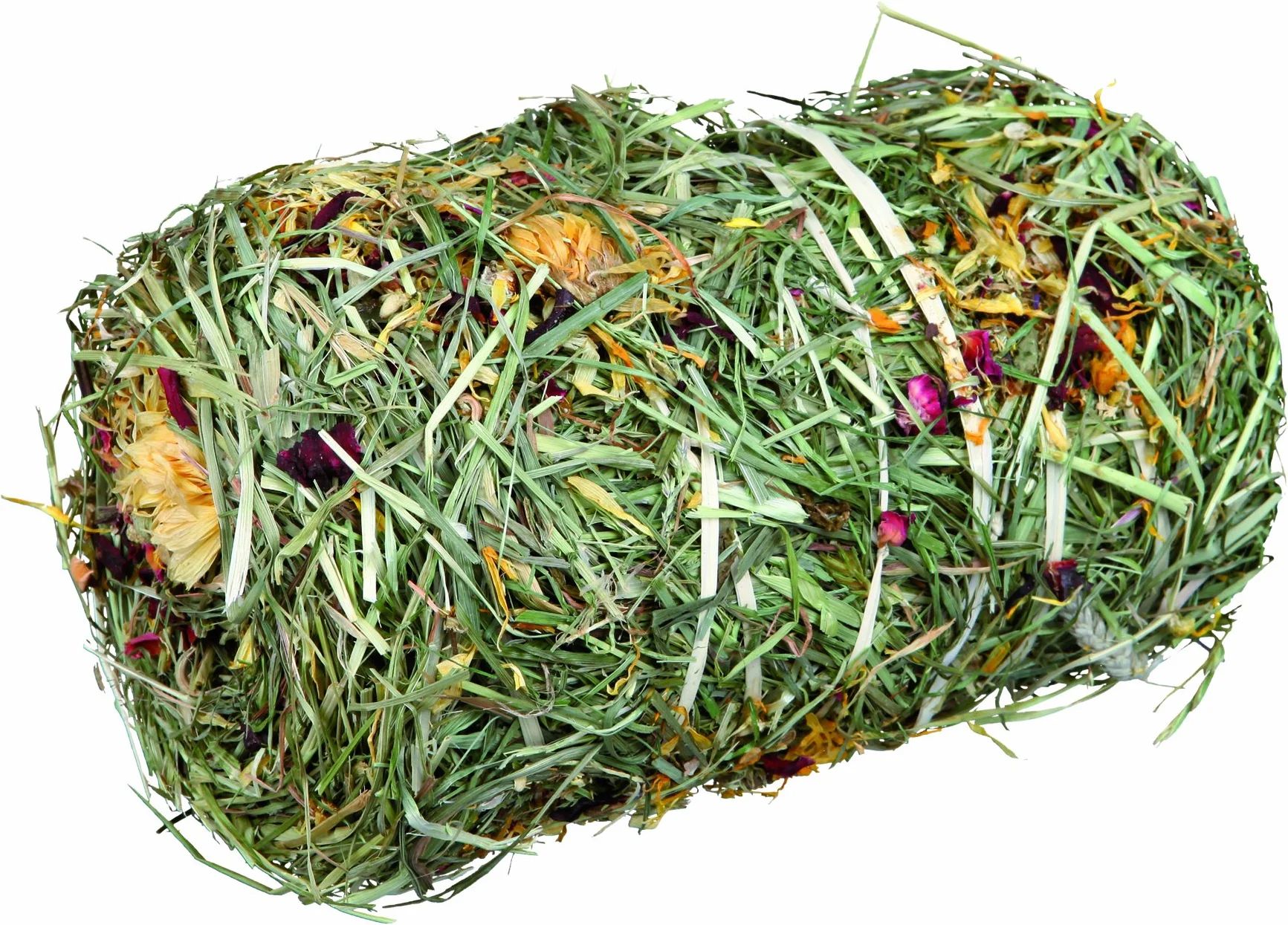 TRIXIE Balla di fieno con mix di fiori per piccoli animali – Senza cereali & senza zuccheri aggiunti – Fasciata con nastro di cellulosa – Conigli & porcellini – ø 10 × 18 cm, 200 g