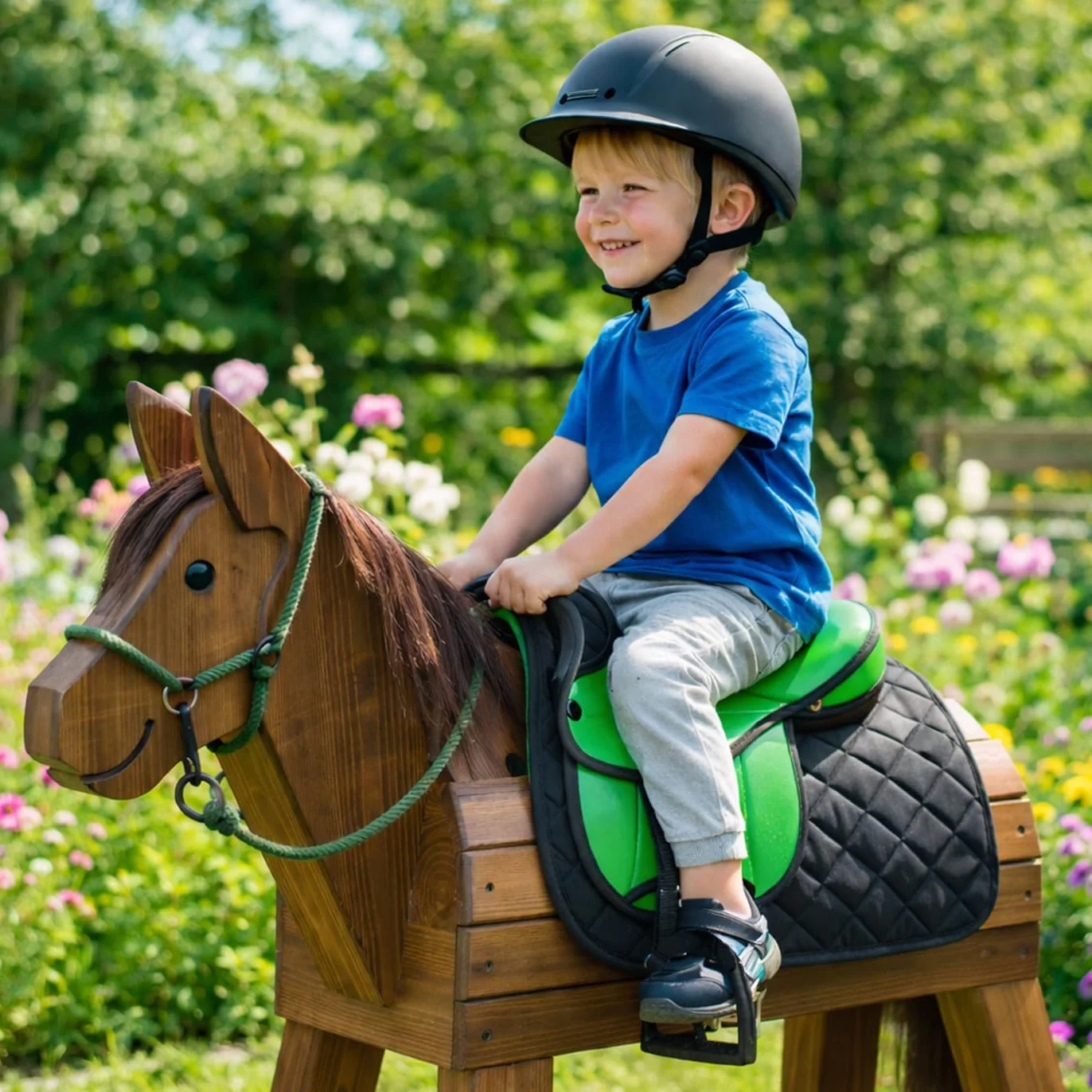 Brama West Set di sella per cavalli in legno per bambini "My Happy Pony" | Sella per Shetty Pony cavallo in legno | con copertura per sella, cinghia per sella, staffe e staffe (verde sella)