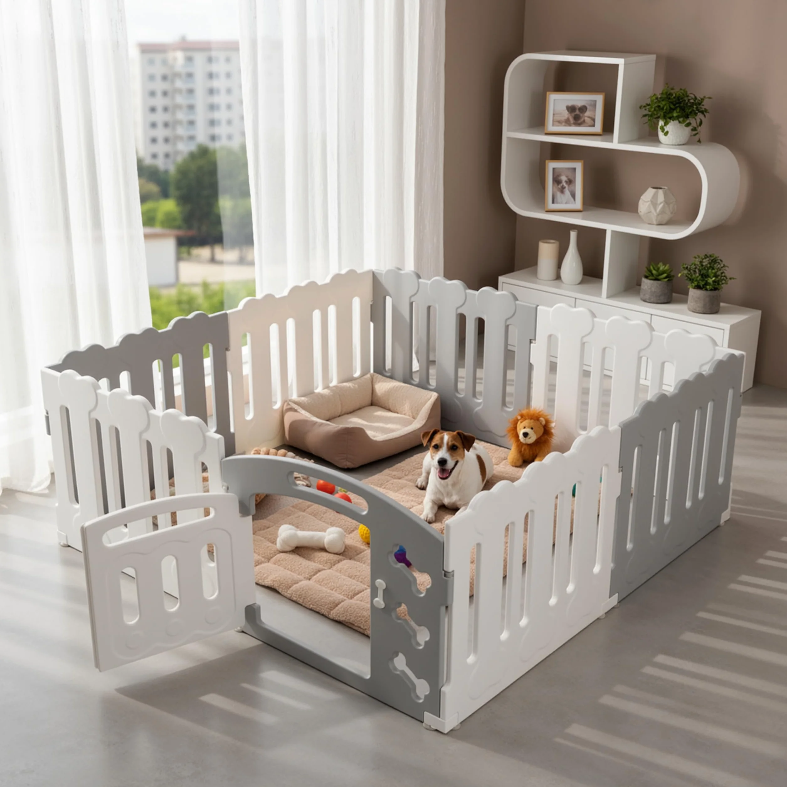 MAMIZO Recinto per Cani Interno Esterno alto 60cm, Box Cani 7+1 PCS Pannelli, Recinzione Gatti Pieghevole, Recinto Gatti in Plastica con Cancello, Incluse Ventose e Ancoraggi a Terra, Grigio-Bianco