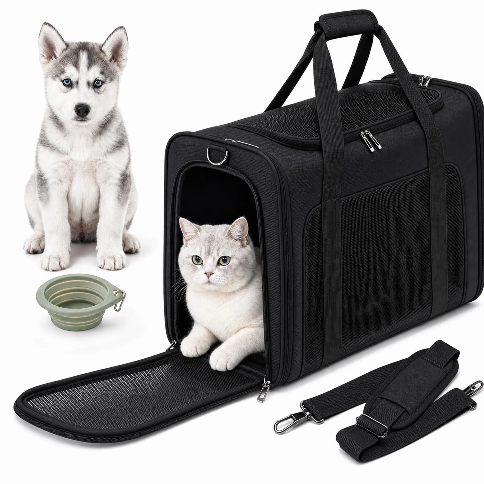 Trasportino Gatto Aereo 55x40x23cm Grande Pieghevole Trasportino Gatti Morbido Portatile Borsa per Cani Piccola Taglia 12kg Trasportinos Cani Omologato Aereo con Morbido Cuscino Lavabile
