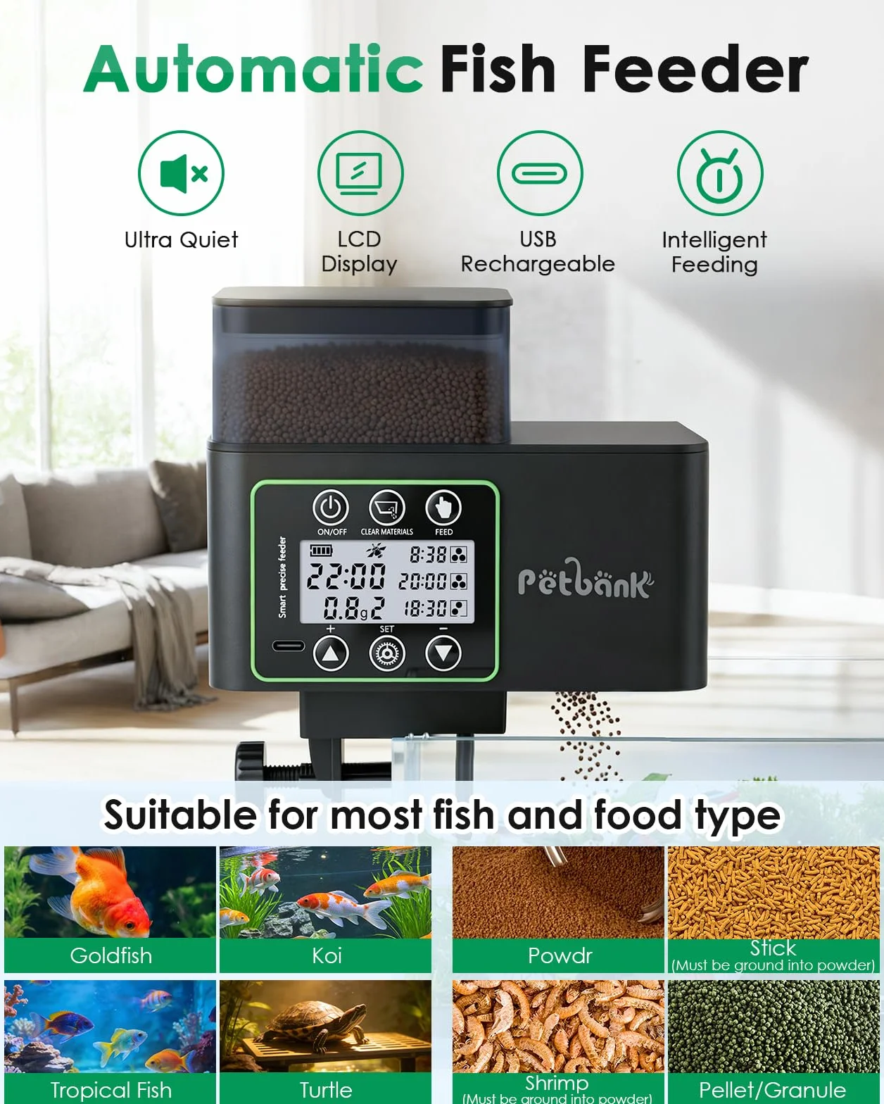 Mangiatoia Automatica Acquario-230/510ml Distributore Automatico Cibo Pesci con Alimentazione di Precisione 0.1-2g,Mangiatoia Acquario Antiumidità con Pulizia e Allarme Scorte,Ricaricabile Usb