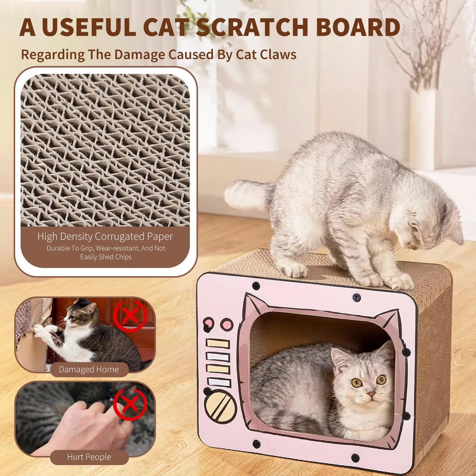PETCUTE 3 in 1 Tiragraffi per Gatti Cartone,Graffiatoio in Cartone Ondulato Vintage,TV Radio a Forma di Graffiatoio per Gatti Cartone con Fondo Antiscivolo,per Proteggere Mobili,Rosa