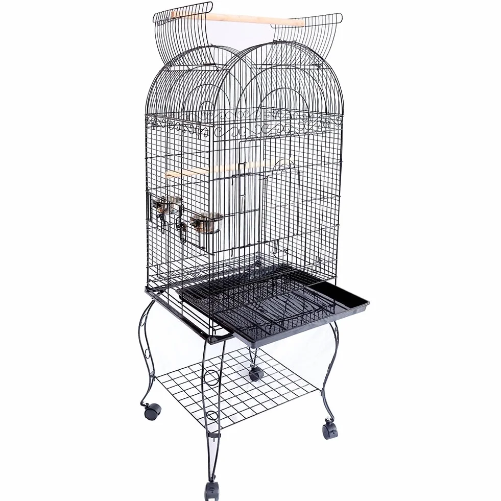 BAKAJI Gabbia Voliera per Uccelli, Pappagalli Inseparabili, Parrocchetti, Volatili con Carrello e Tetto Apribile in Metallo e Legno Nero Gabbietta con Posatoi e Ruote con Blocco, 59 x 59 x 150 cm