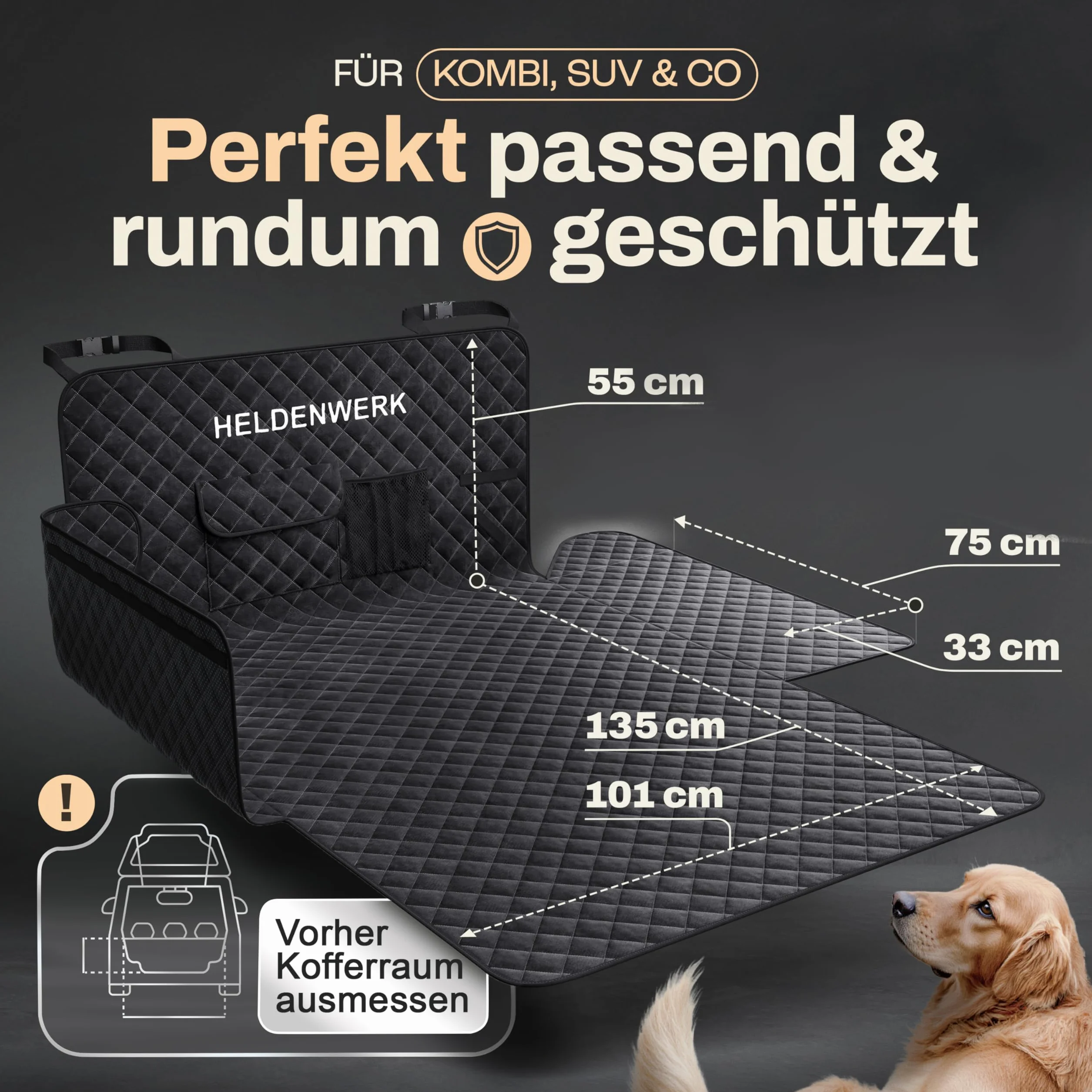 HELDENWERK Protezione per il bagagliaio per cani, trapuntata con protezione laterale e per il bordo di carico | Coperta per cani per auto, impermeabile e resistente ai graffi | Tappetino protettivo