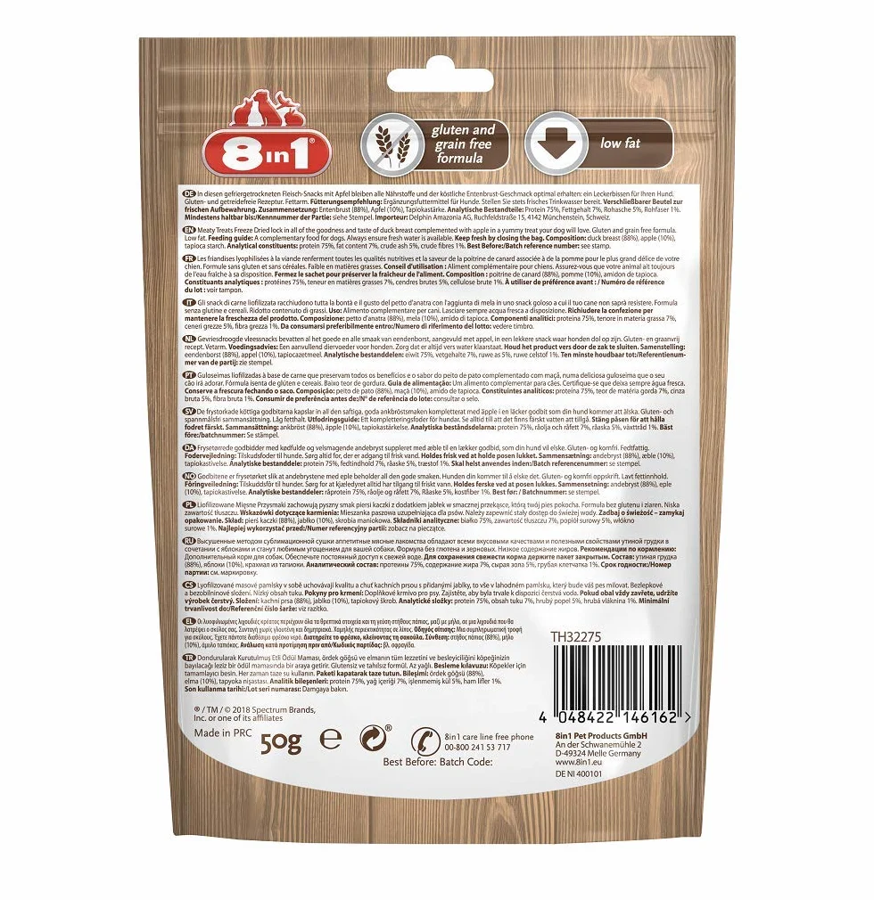 8in1 Meaty Treats - Snack liofilizzati per cani con anatra e mela, senza cereali e senza zucchero, 50 g