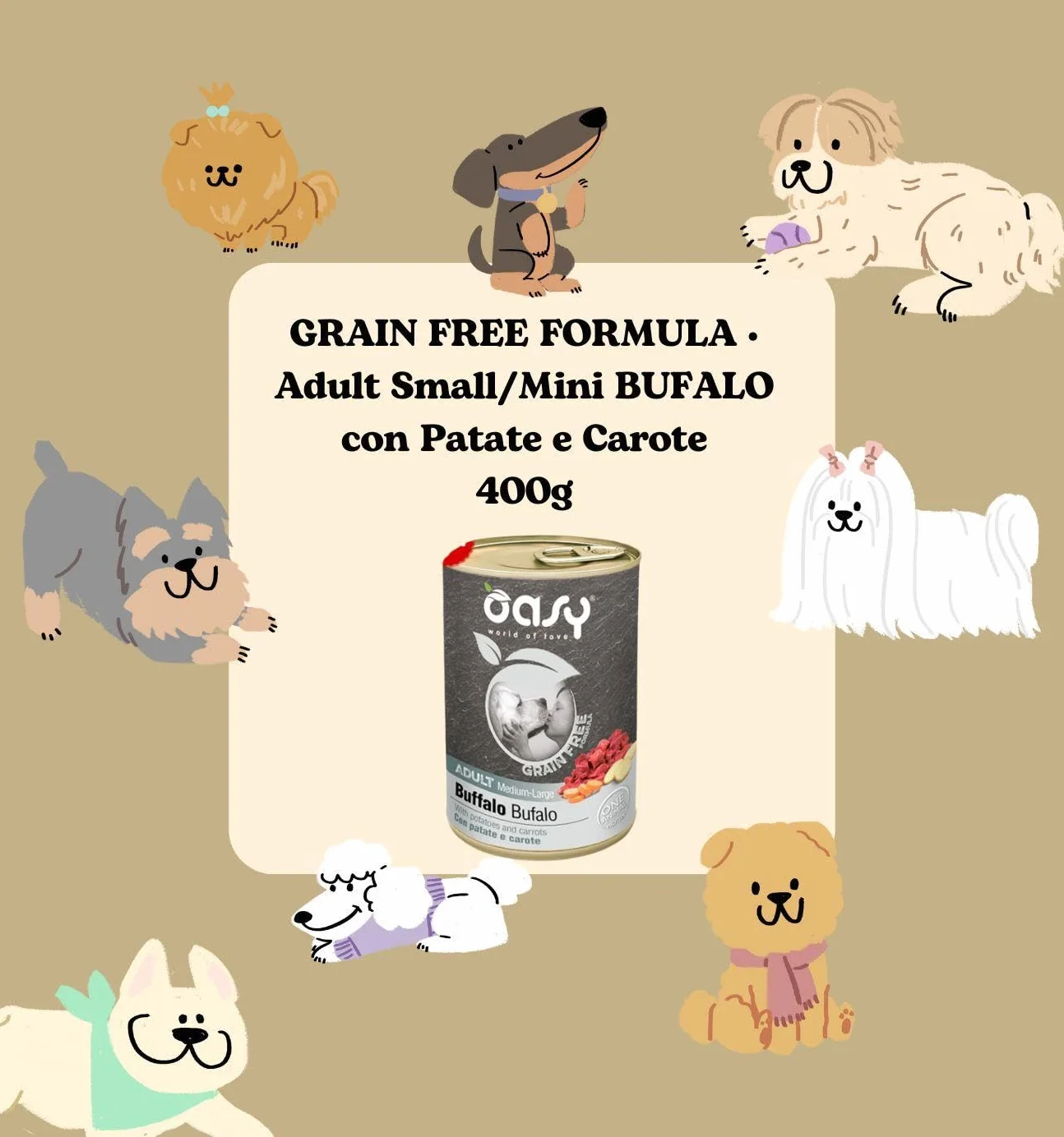 Oasy umido cane adulto grainfree, alimento completo per cani adulti di taglia media e grande (medium) gusto BUFALO | 6 scatolette da 400 grammi l’una.