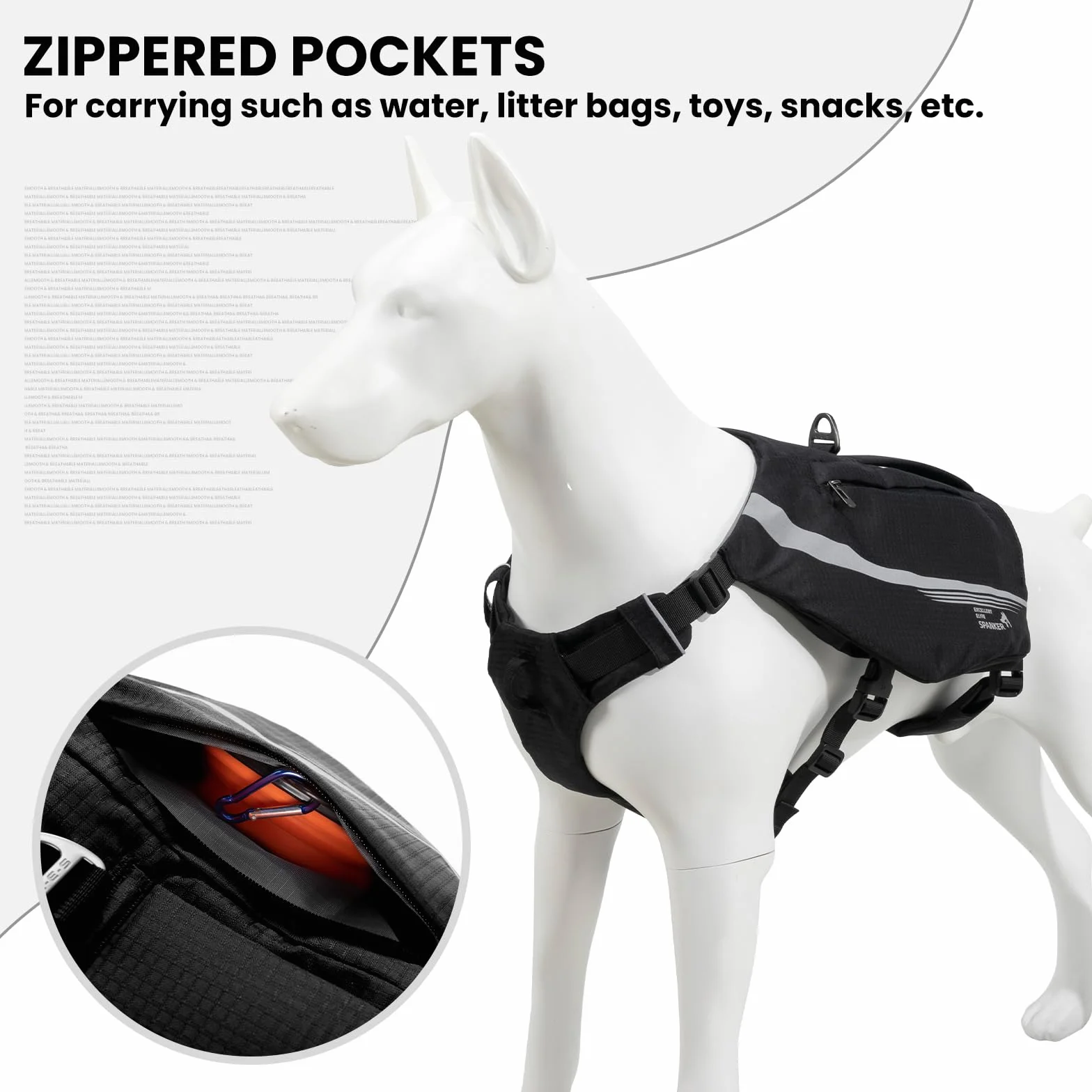 EXCELLENT ELITE SPANKER Zaino riflettente a forma di Y per cani con maniglie e tasche, senza anelli a D, leggero, attrezzatura da escursionismo per cani, caccia, viaggi.(BLK)