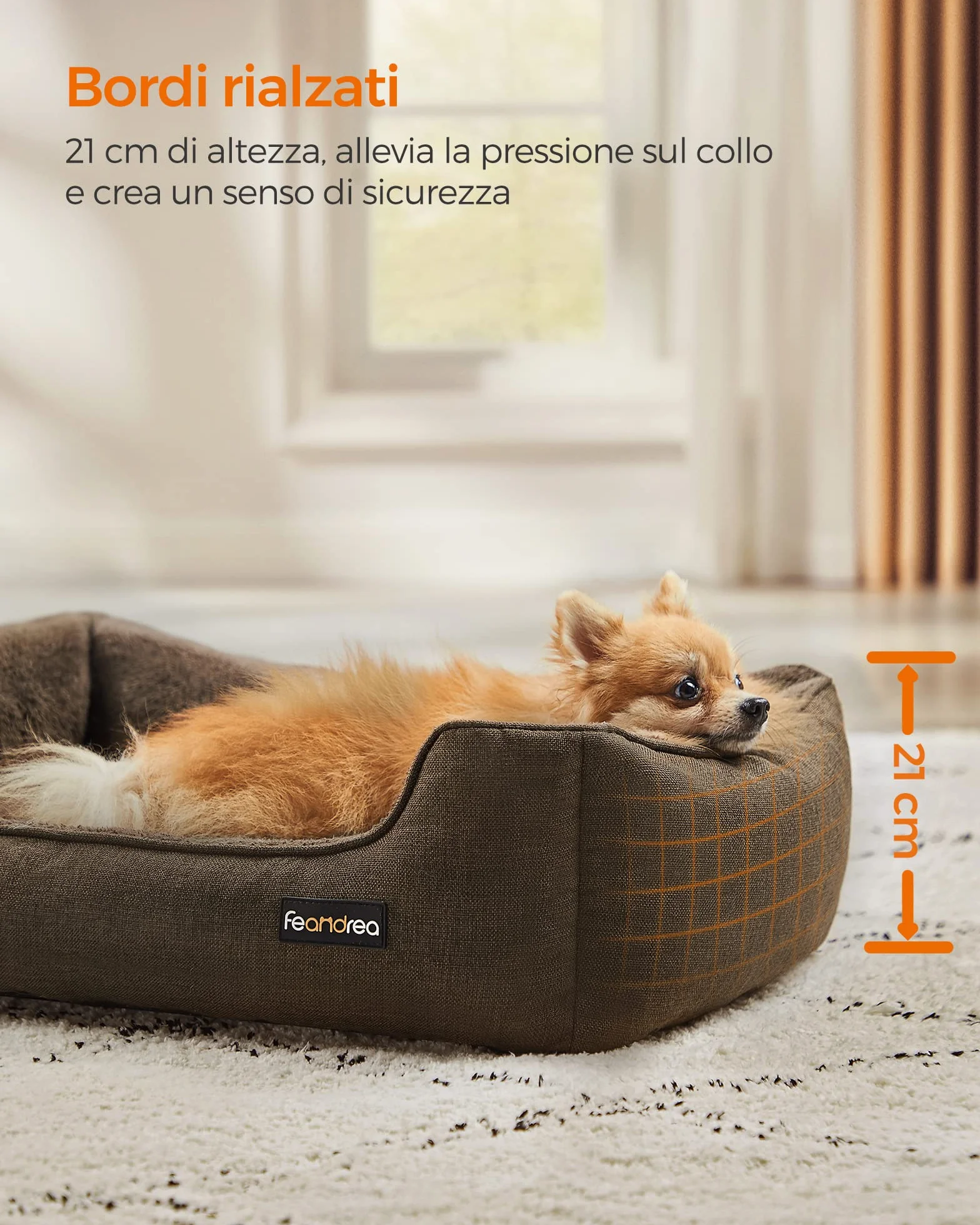 Feandrea Cuccia per Cani Lettino per Animali in Simil Lino Bordi Rialzati Fondo Antiscivolo Copertura Sfoderabile per Lavaggio Taglia M 70 x 55 x 21 cm Marrone PGW10CC