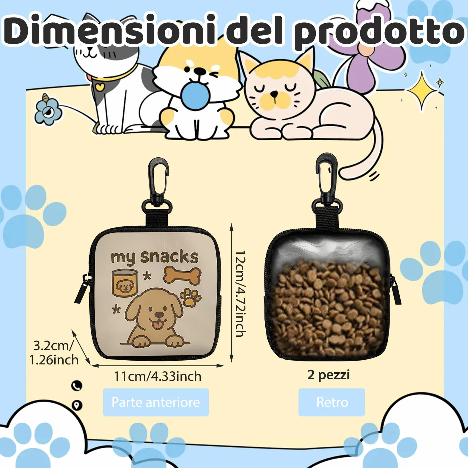 VEGCOO 2 Pezzi Sacchetti Portatili Per Animali Domestici con Zip, Porta Premietti per Cani Borsa con Moschettone, Borsa Addestramento Cane Porta Premietti per Cani per Viaggi, Uso Esterno