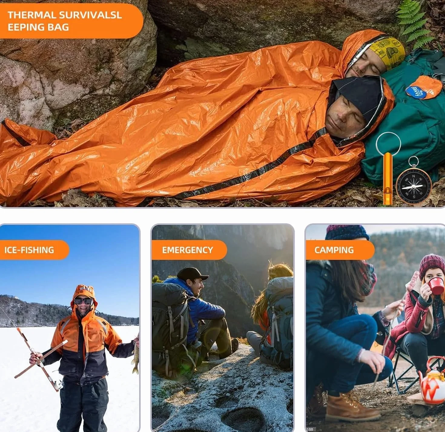 Sacco da bivacco di emergenza ultraleggero impermeabile con pipa e bussola