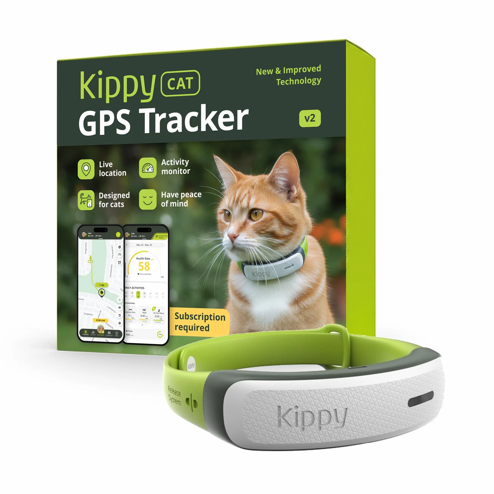 Kippy Cat V2 - Collare GPS per Gatti - Localizzatore e Tracker di Salute e Attività con Sistema Antistrozzo - Crea Confini Virtuali