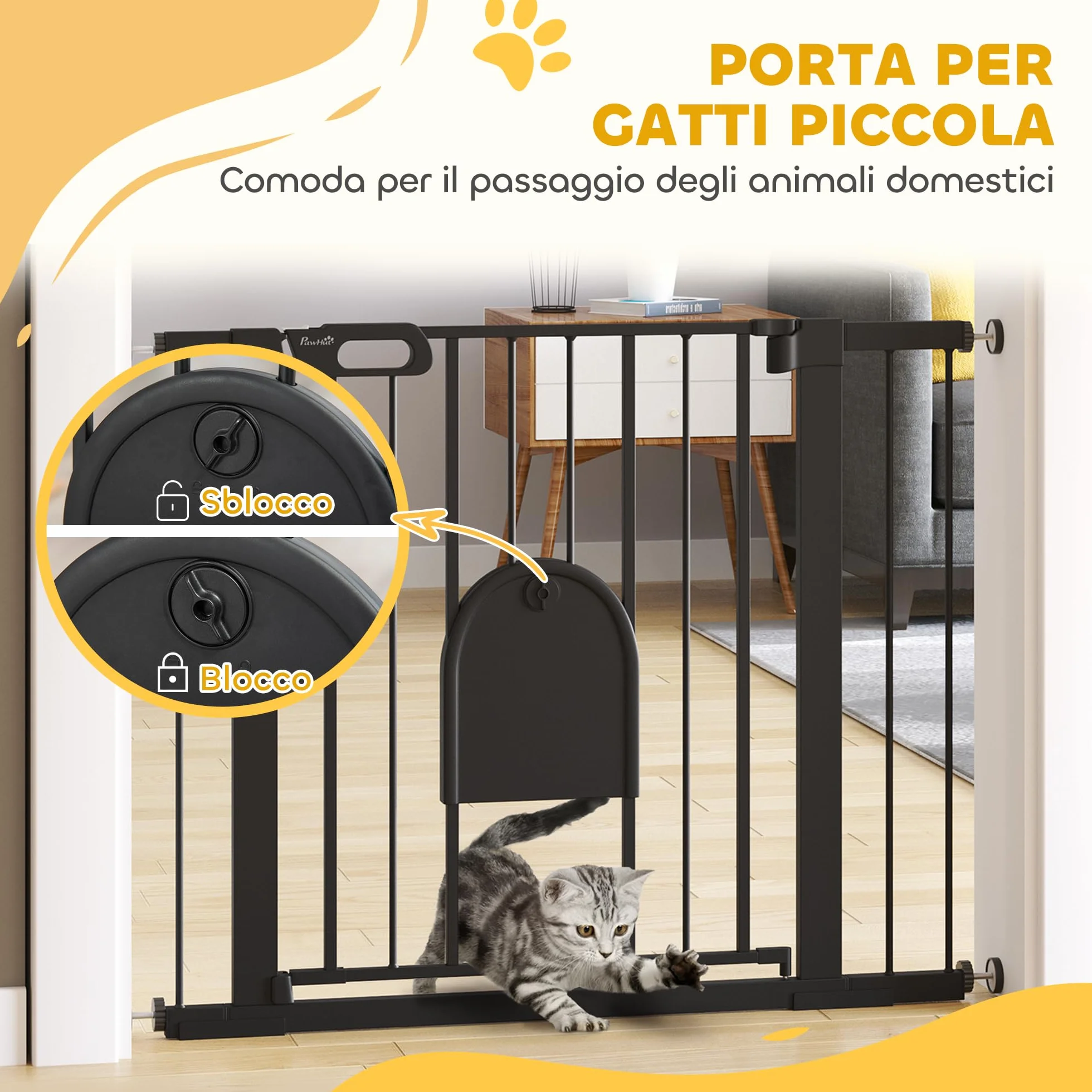 PawHut Cancellino per Cani Regolabile con Porta Piccola, Barriera per Cani con Chiusura Automatica, 75-103x76 cm, Nero