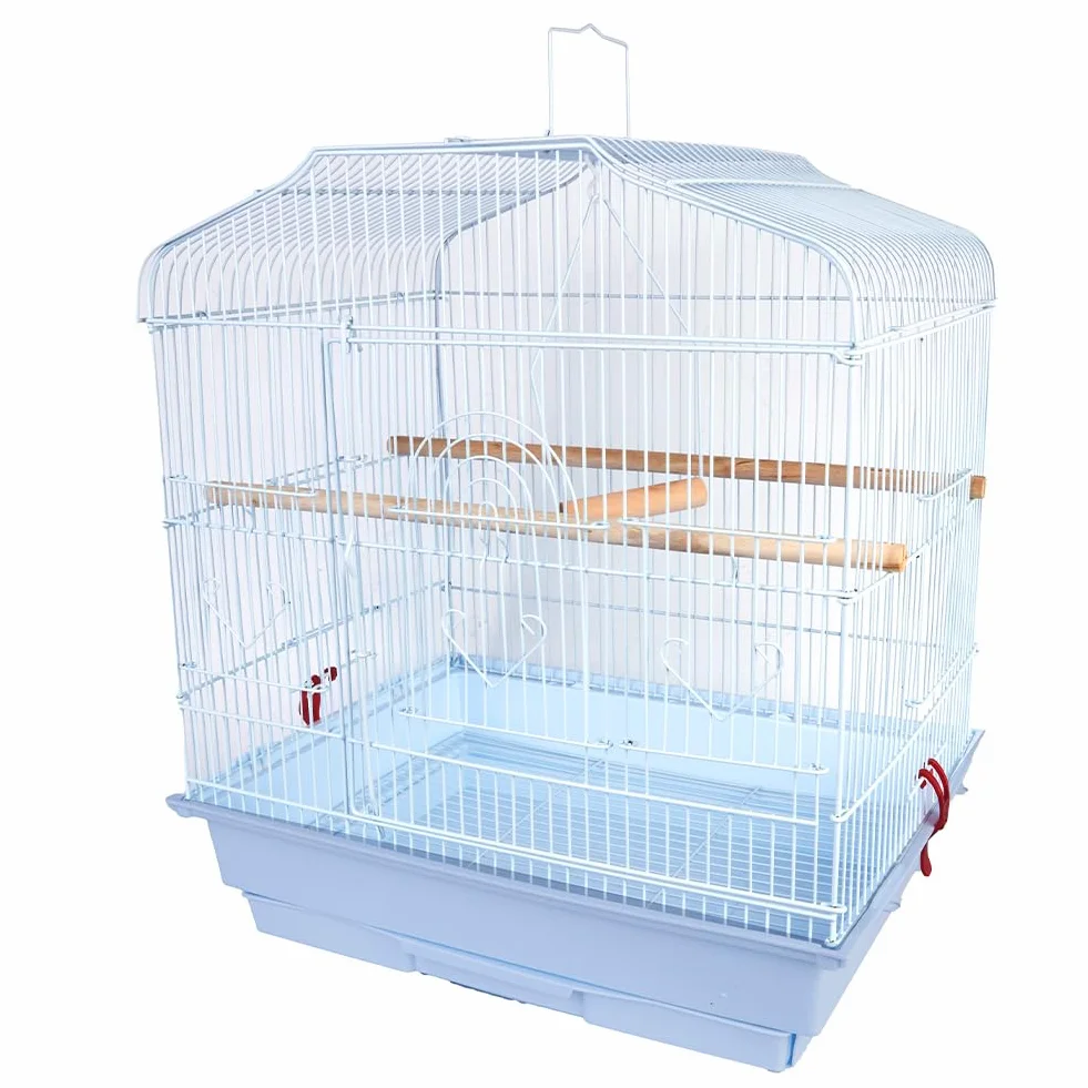 BAKAJI Gabbia Voliera per Uccelli 46.5 x 35.5 x 65.5 cm Bianco con Vassoio Scorrevole e Posatoi in Legno