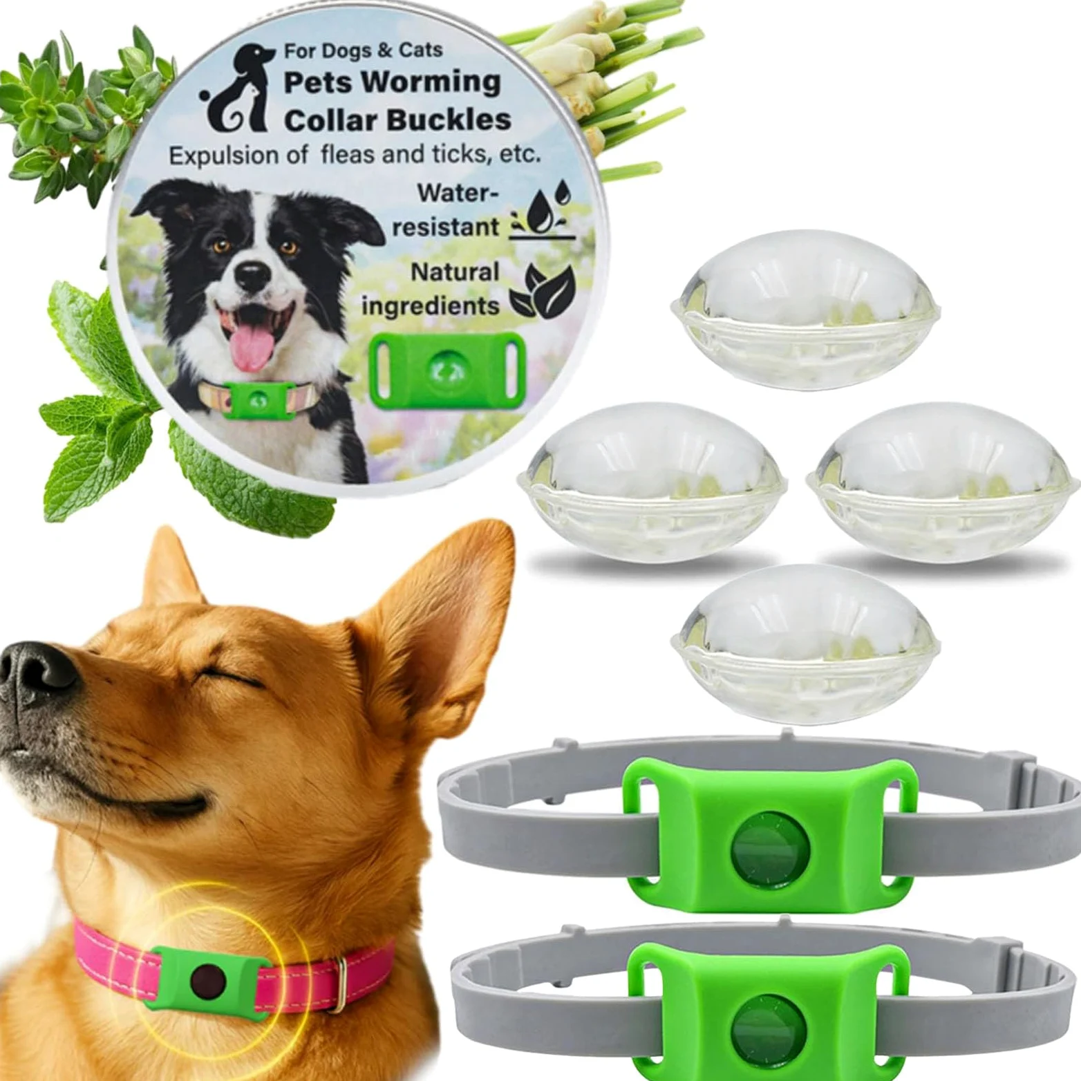 Collare Antiparassitario Naturale per Cani contro Pulci e Zecche, Ciondolo Repellente con 2 Capsule Sostituibili, Compatibile Air Tag, Regolabile, Senza Contatto Diretto con la Pelle (verde 2 PCS)