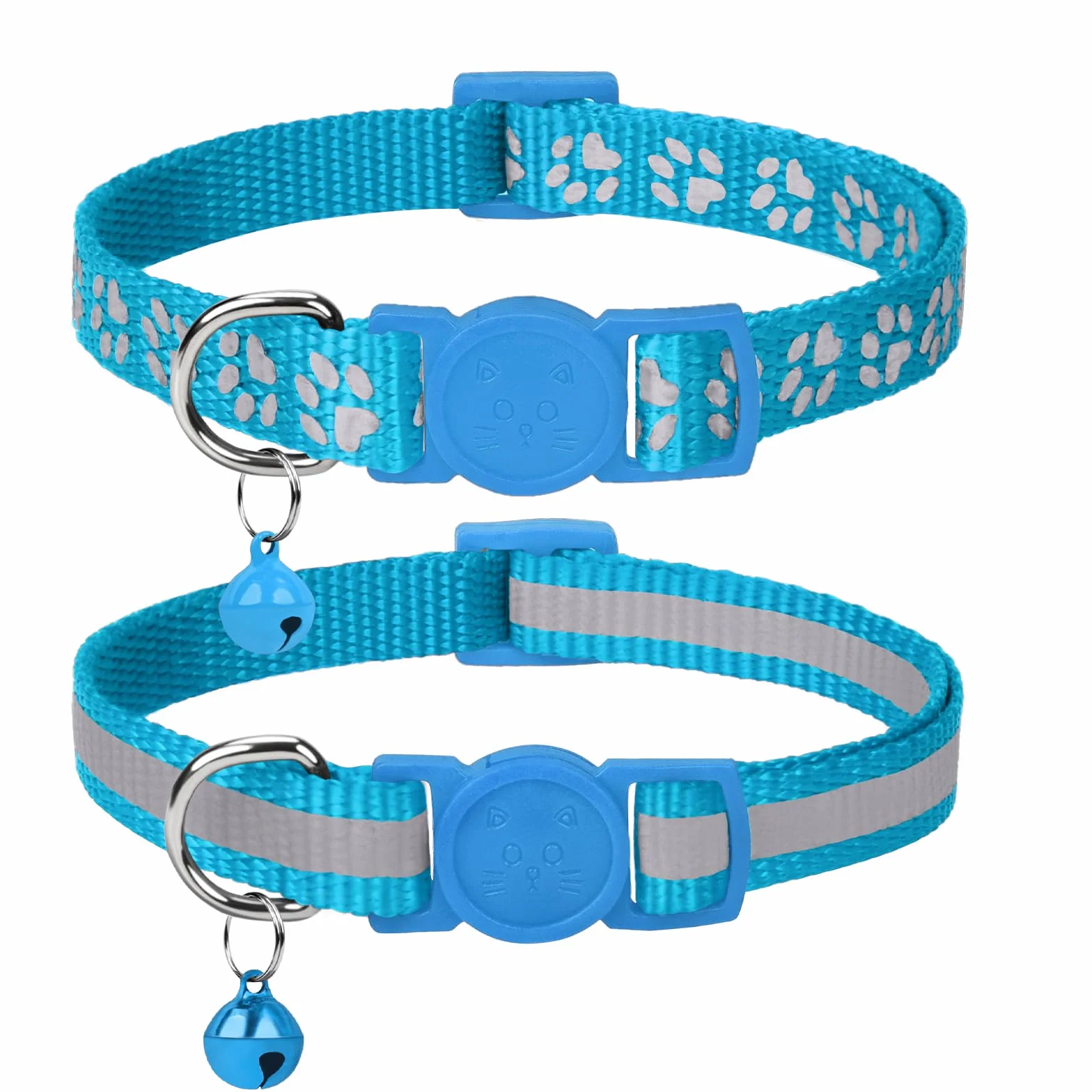 Taglory Collare Gatto Riflettente, 2 Pezzi Collari per Gatti Antistrozzo con Campanellino e Fibbia di Sicurezza, Stampa Zampa Carina 15-20cm Azzurro