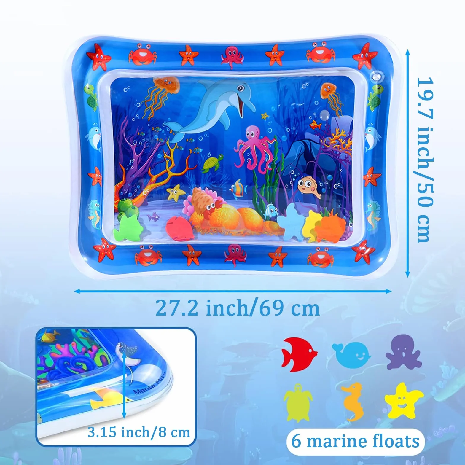 Vinuwu Tappetino gonfiabile ad acqua spesso e confortevole, 50 x 69 cm, delfino con 10 adesivi