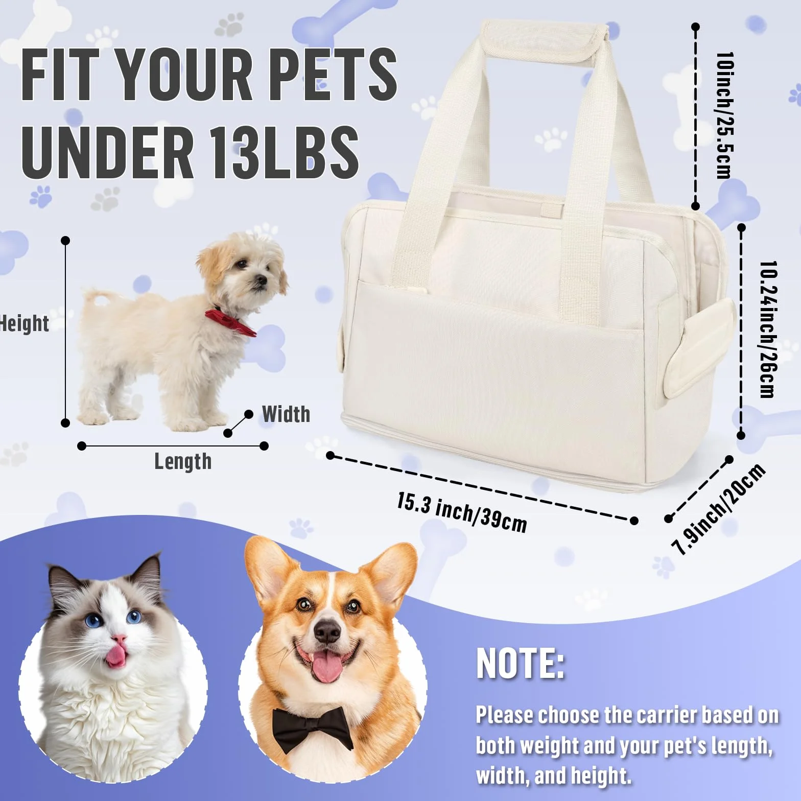 Borsa Trasportino Cane Gatti Regolabile Viaggio per Cani Piccola Taglia 6KG Impermeabile 40x26x20cm Beige