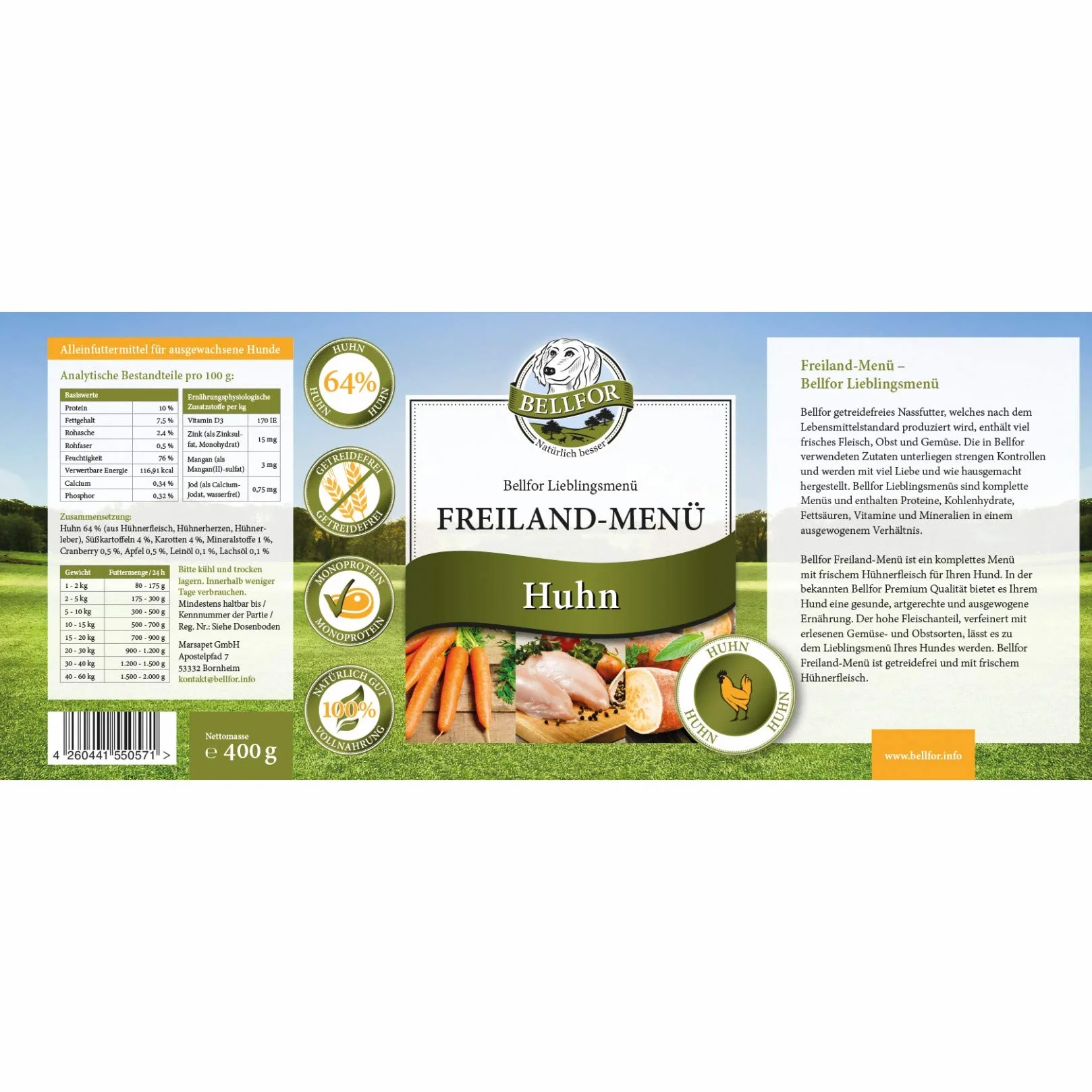 Bellfor Cibo umido senza cereali per cani con menù di pollo 6 x 400 g. Ricco di frutta e verdura fresca regionale, privo di additivi artificiali, perfetto per sensibili e tutte le razze.