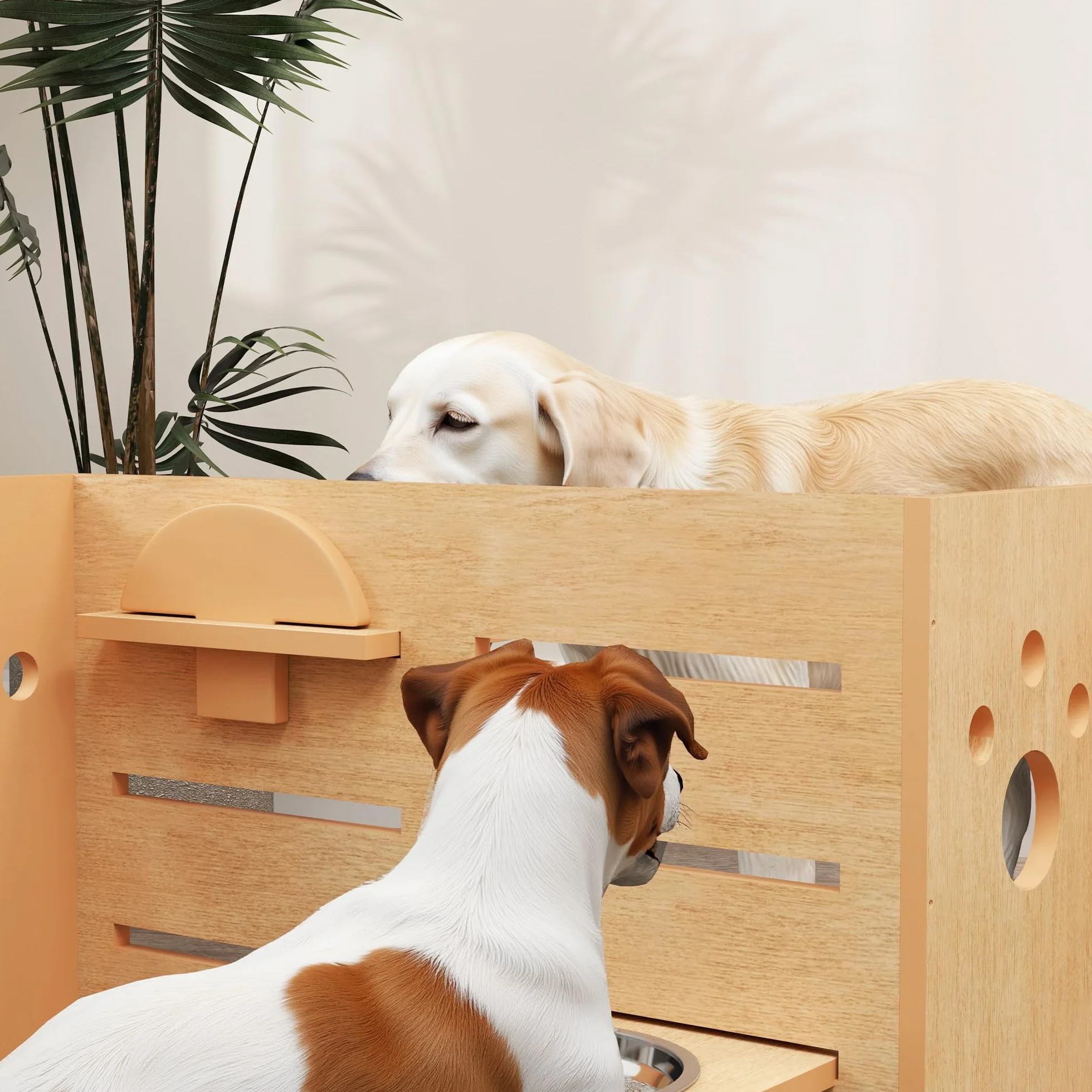 PawHut Ciotola per Cani rialzata di 3 Altezze Regolabili, Ciotola per Cani con 2 Ciotole in Acciaio Inox, Tappetino per Alimentazione Lento, Design Separato, per Cani Piccoli, Medi e Grandi, Rovere