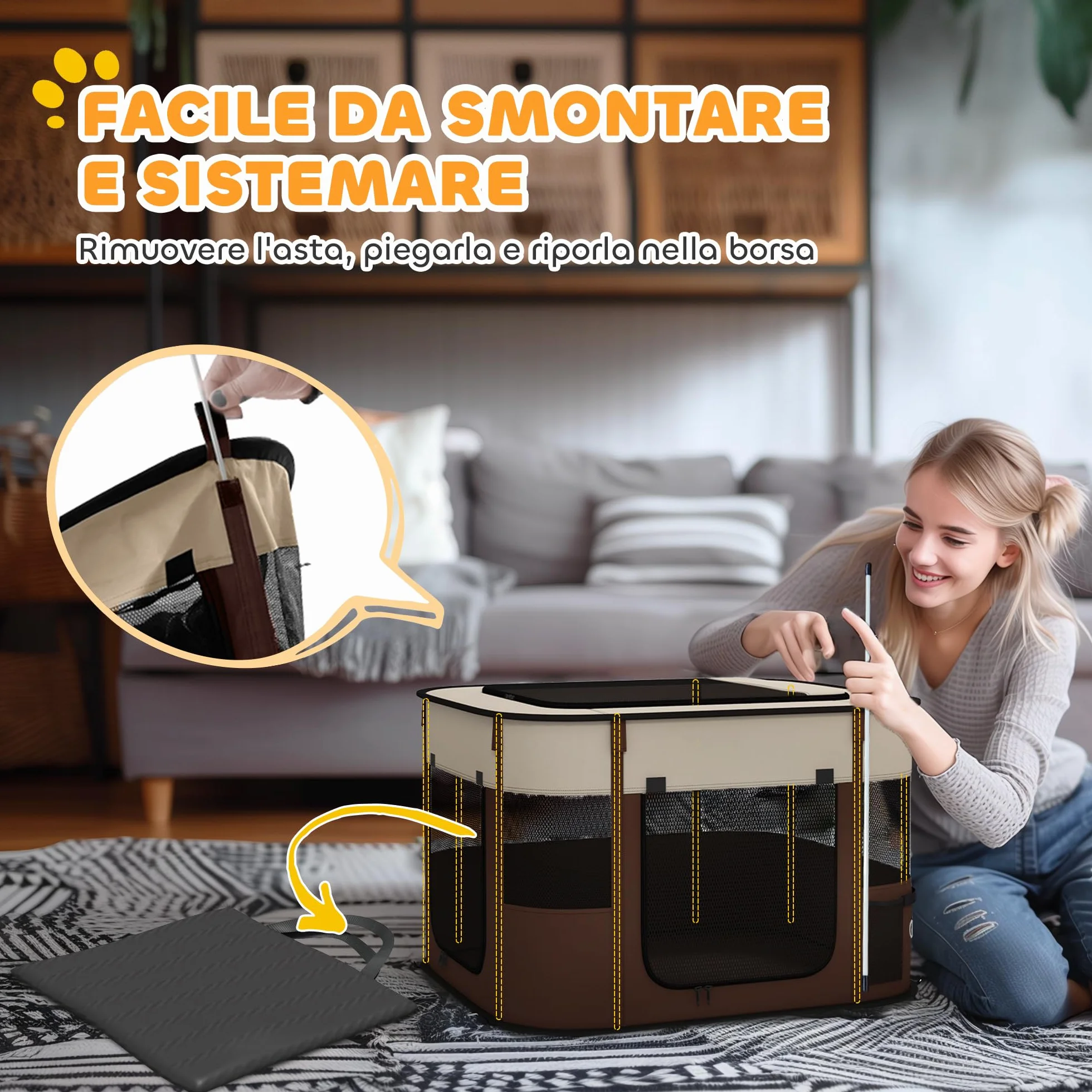 PawHut Box per Animali Domestici 6 Finestre 3 Porte 2 Borse Portaoggetti Recinto per Cani Tessuto Oxford Acciaio 74x60x45 cm Marrone