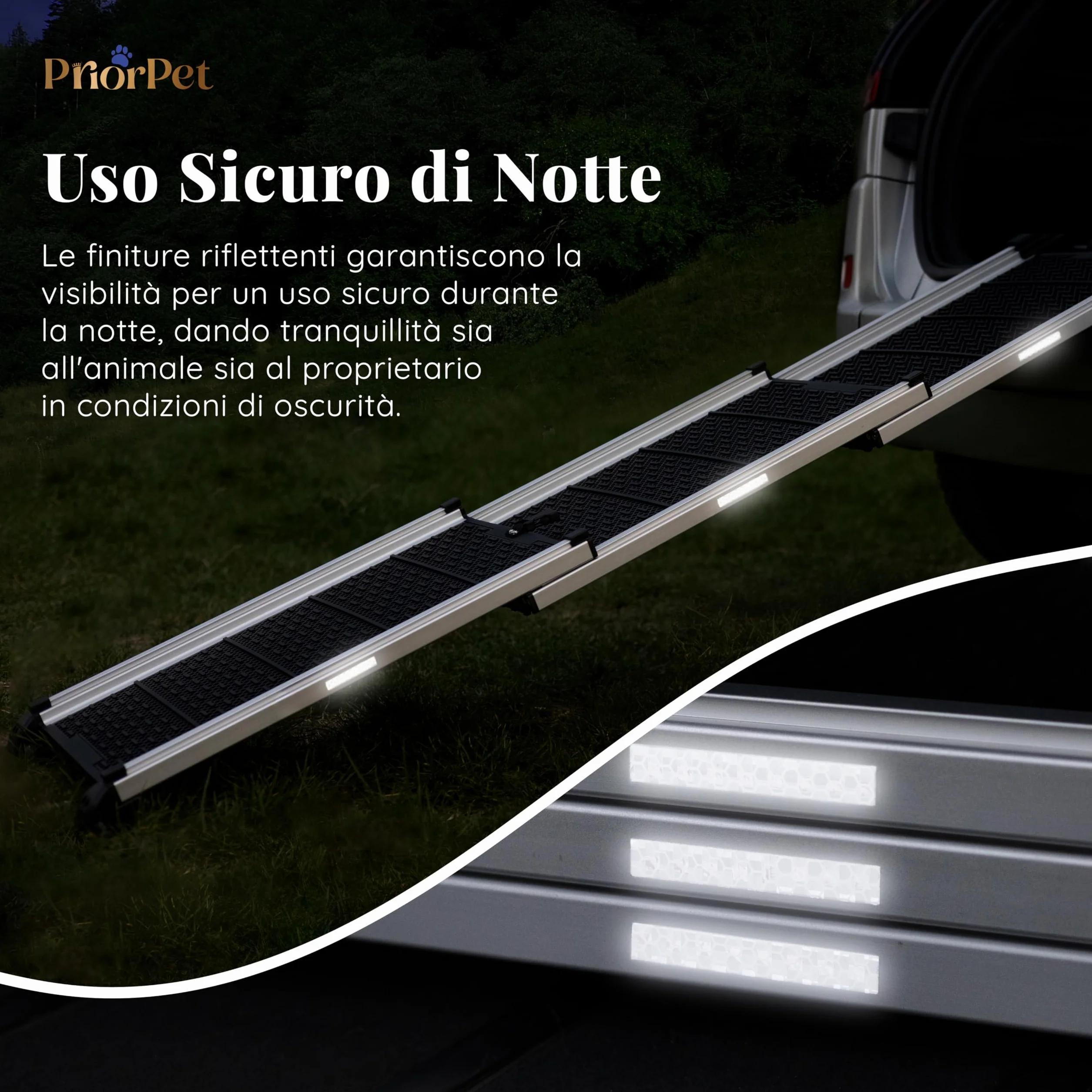 Rampa per Cani per Auto, SUV – Rampe Telescopiche Estensibili per Cani di Grossa Taglia – STABILI – ANTISCIVOLO – Sicurezza Notturna Lati Riflettenti – Capacità 90 kg – Clip di Bloccaggio – Nero