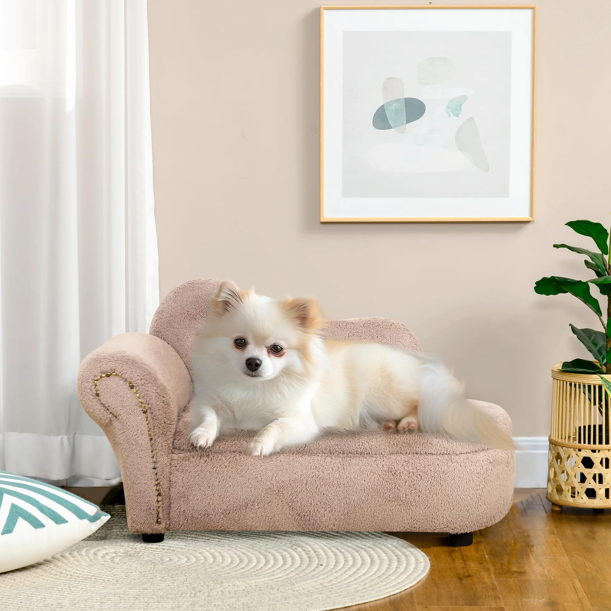 PawHut Divano per Cani Rialzato con Spazio Portaoggetti a Scomparsa, Divano Imbottito in Legno e Tessuto Vellutato, 80x40x46 cm, Beige
