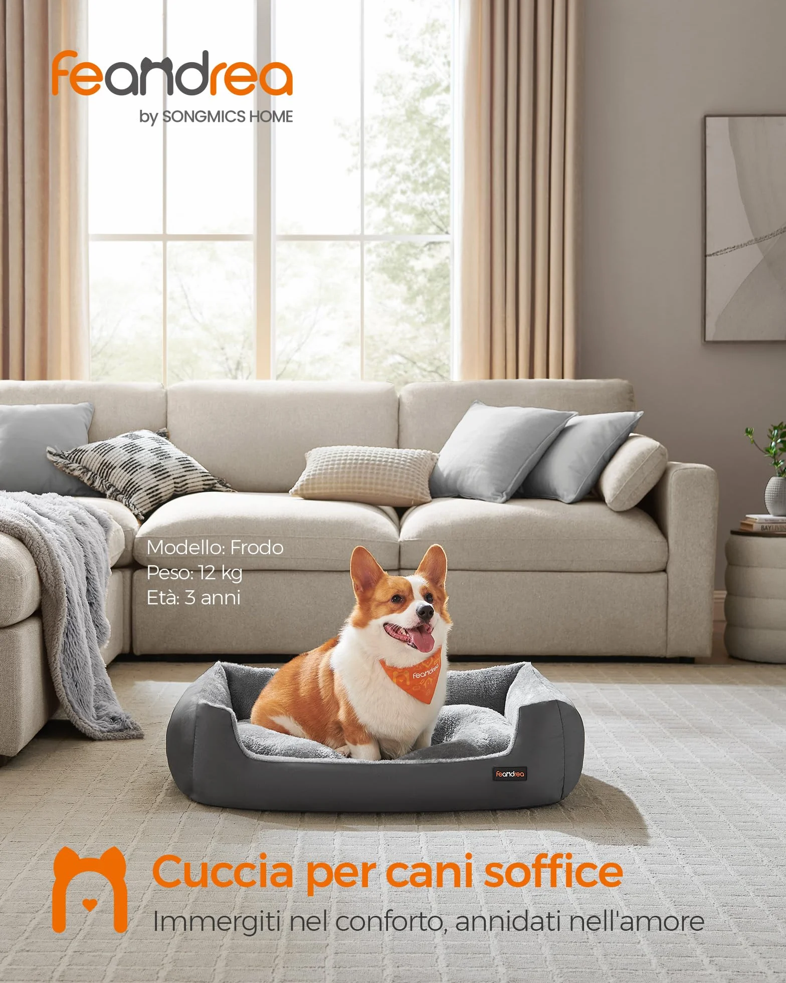 Feandrea Cuccia Cane Interno, Cuccia per Cani e Animale Domestico, Tappeto Rimovibile e Reversibile, Bordi Rialzati, Fondo Antiscivolo, L, 85 x 65 x 21 cm, Grigio Ardesia e Grigio Tortora PGW004G02