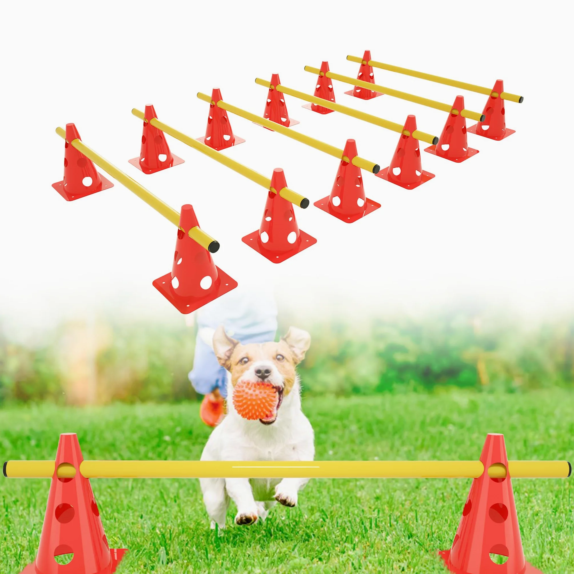 Set di 6 attacchi sportivi, regolabili in altezza, per cani, agilità, allenamento di coordinazione, Ink.12 coni + 6 aste