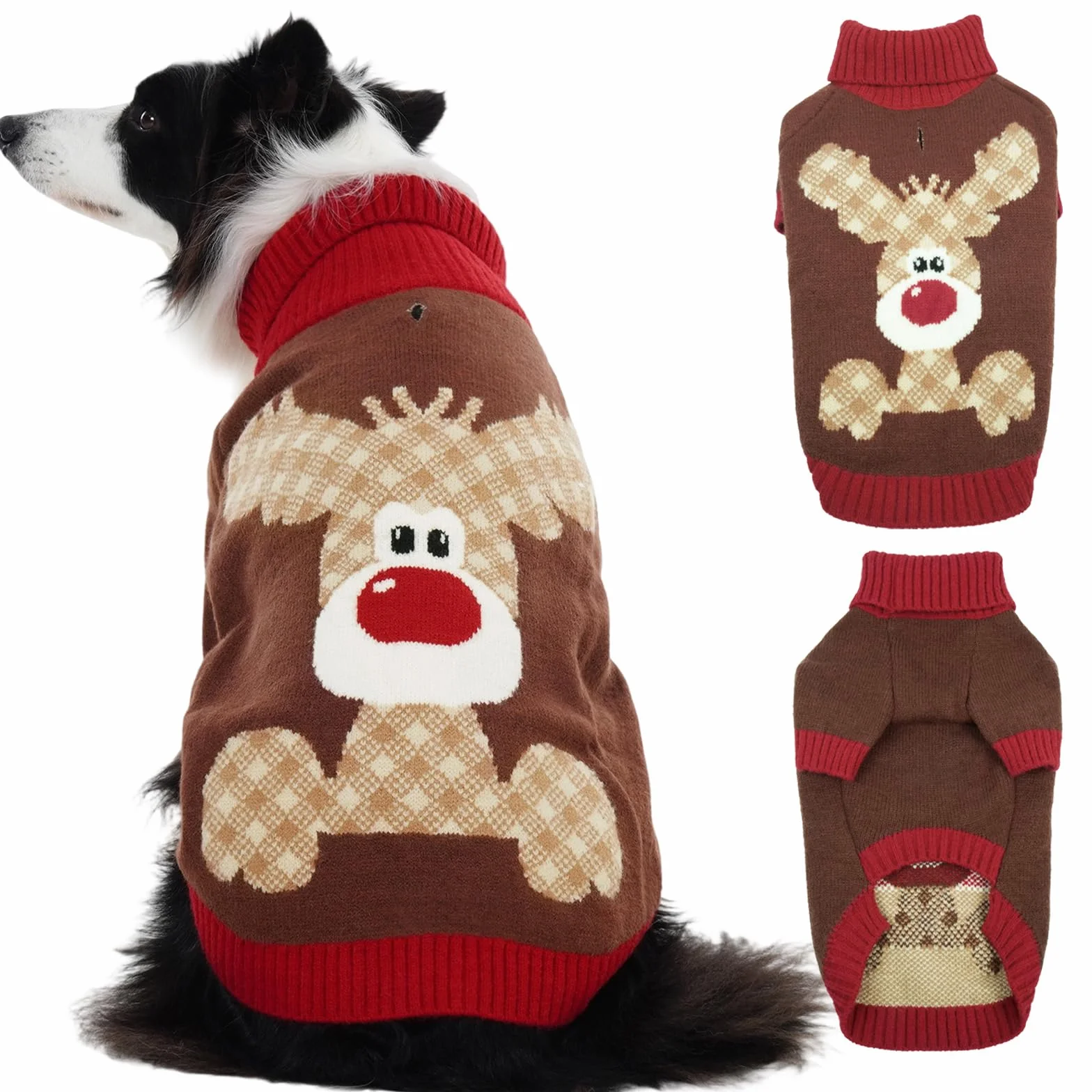 Maglione Cane Natalizio - Caldo Maglioncino con Renna, foro per guinzaglio, maglioncini per Border Collie, Golden Retriever Femmina Piccola, Marrone XXL