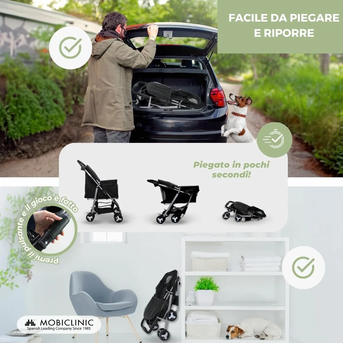 Mobiclinic Zuma Passeggino per cani fino a 15 kg Ruote con freni 360° Cestino xxl (nero)