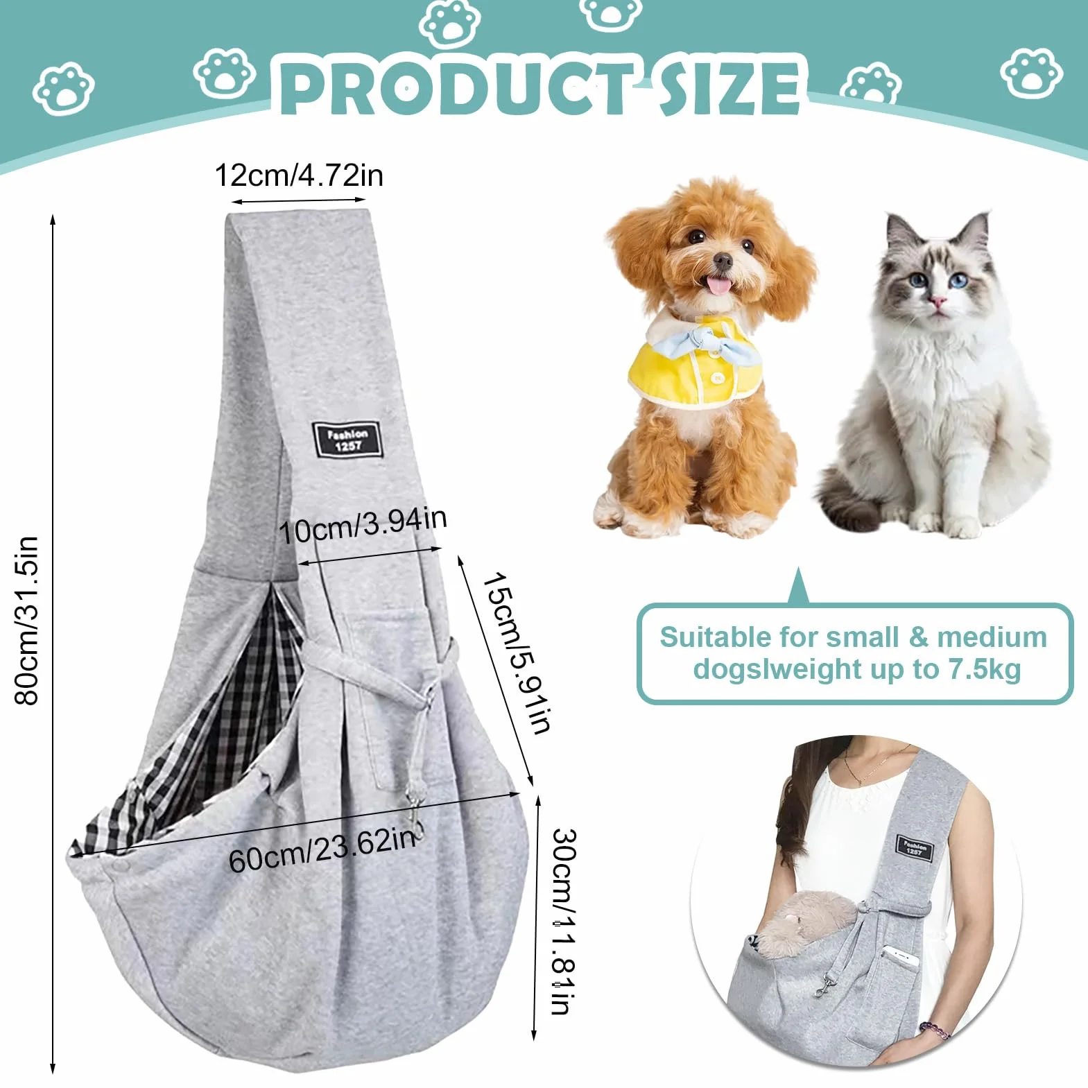 Borsa da Viaggio per Cani, Trasportini Tracolle Animali Trasportino a Tracolla Reversibile Borsa per Cane/Gatto Fino a 7.5kg, Borsa da Viaggio per Trasportino per Cani da Passeggio