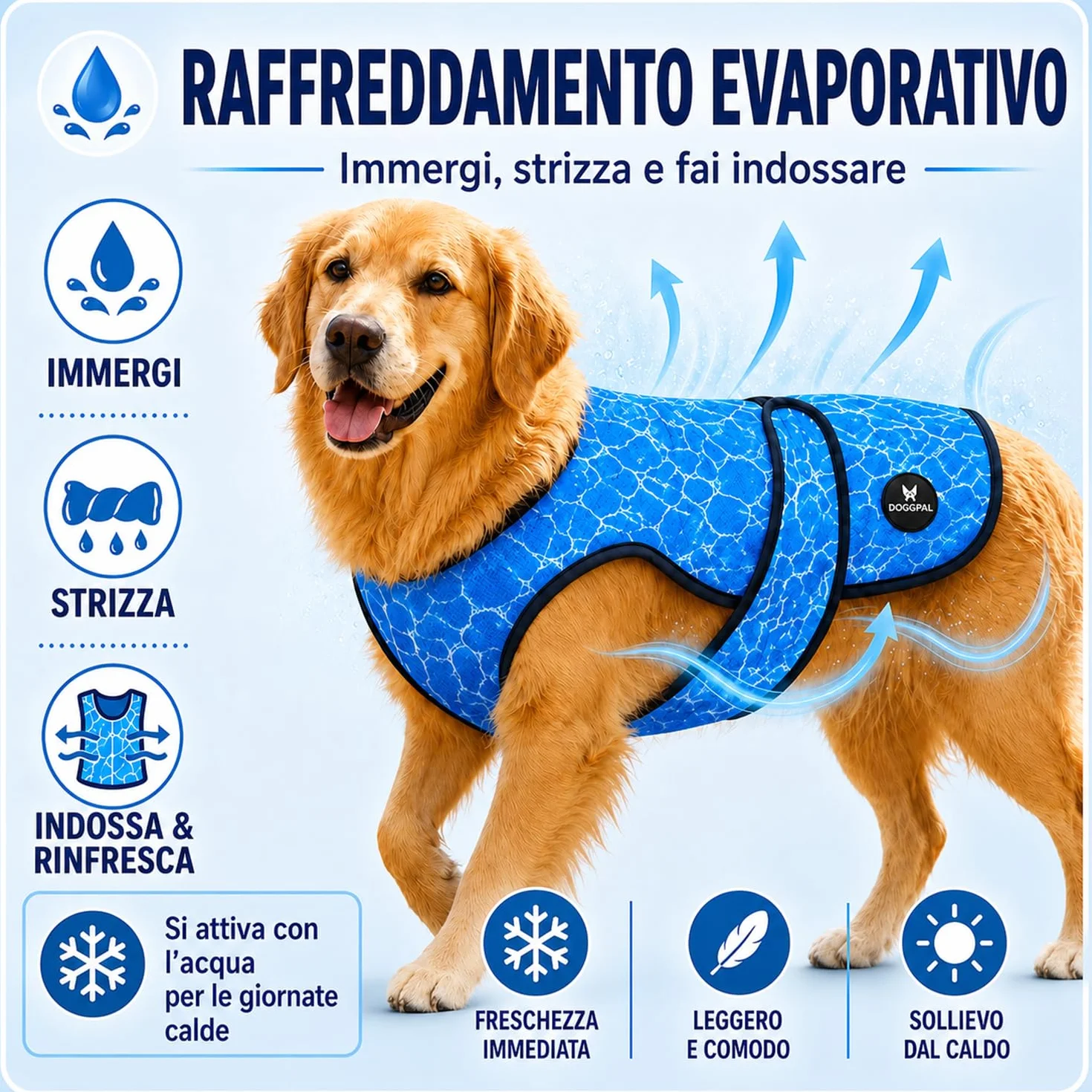 DOGOPAL Gilet Refrigerante per Cani, Giubbotto Rinfrescante Attivato dall'Acqua con Protezione UV, Taglia XL, Blu