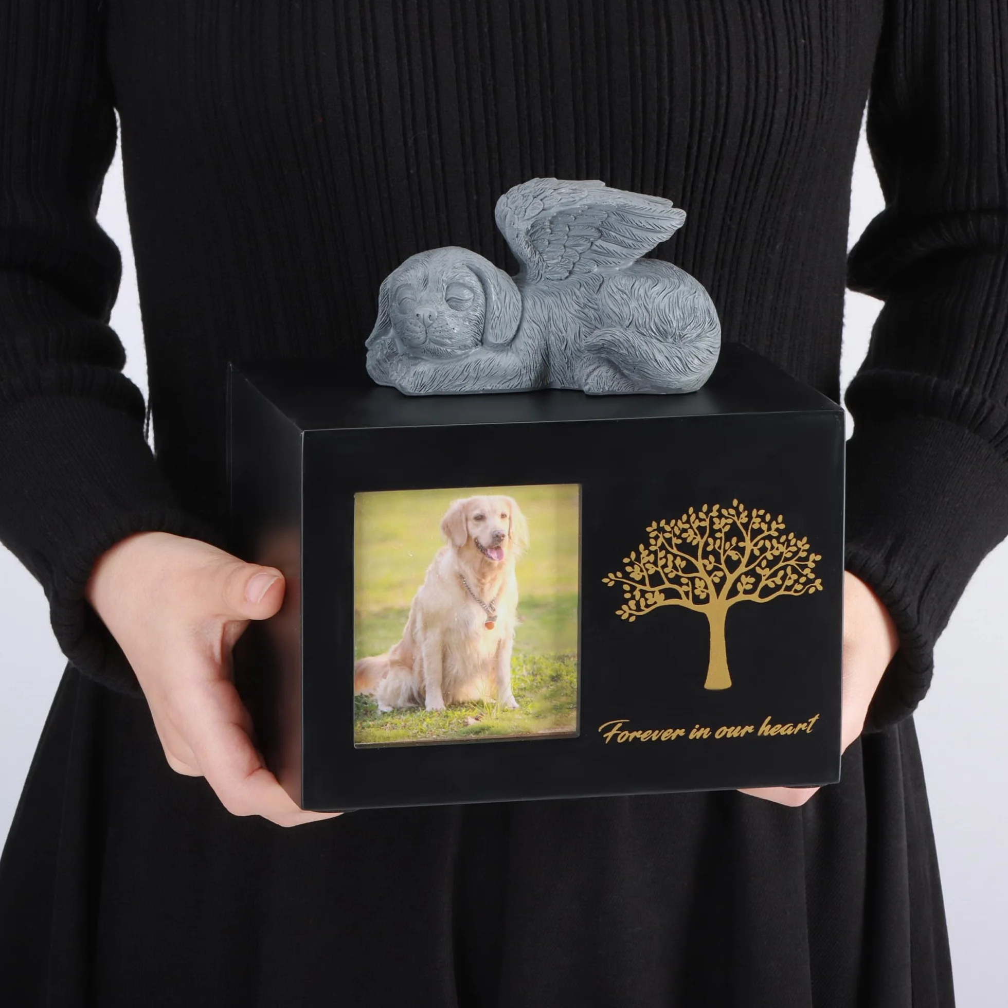 Urna per ceneri di cane in legno nero con cornice per foto e statua di cane in resina 25kg
