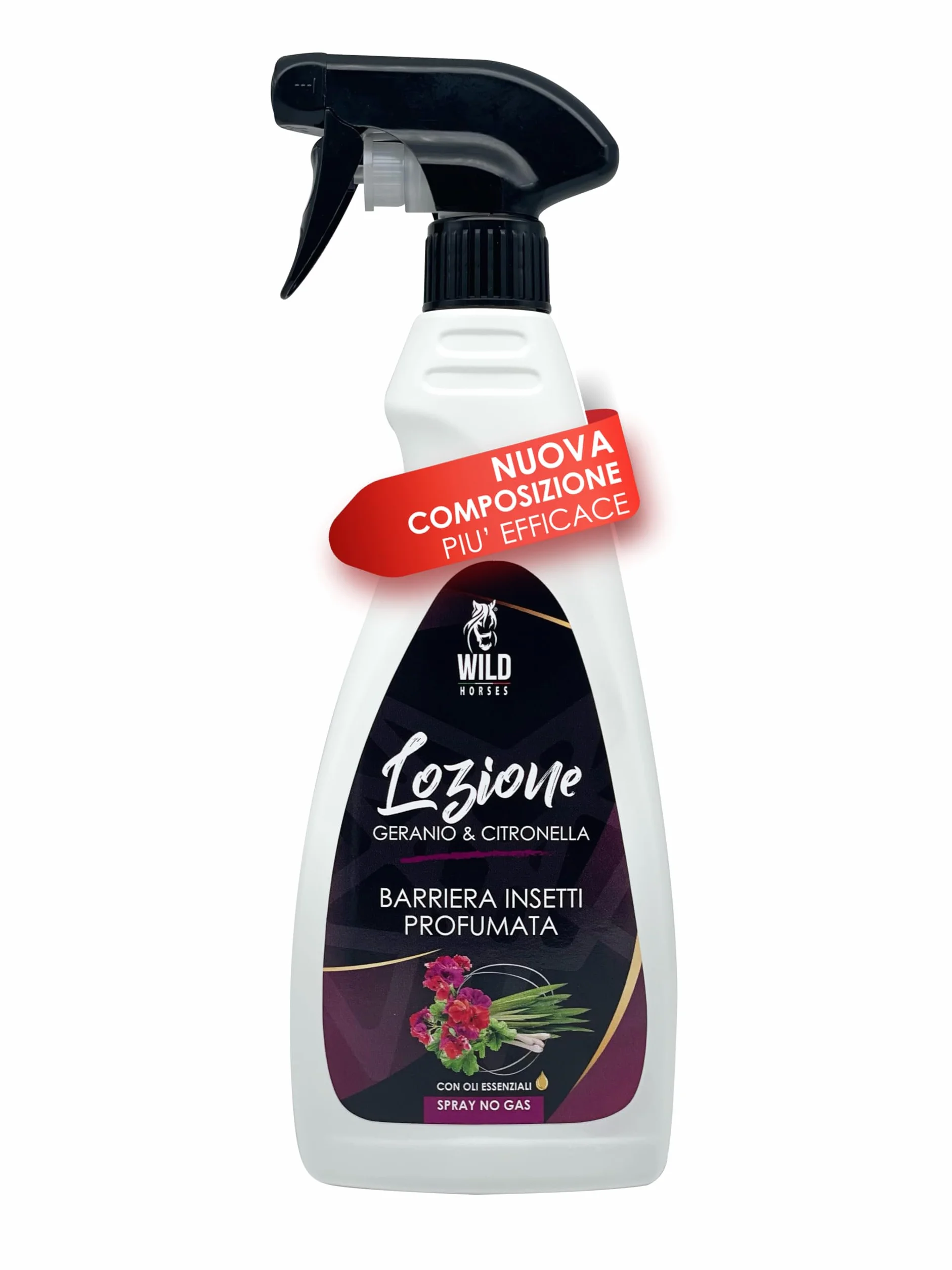 Wild Horses Lozione Spray Repellente Zanzare e Antiparassitario per Cavalli 500ml Naturale Made in Italy Geranio e Citronella