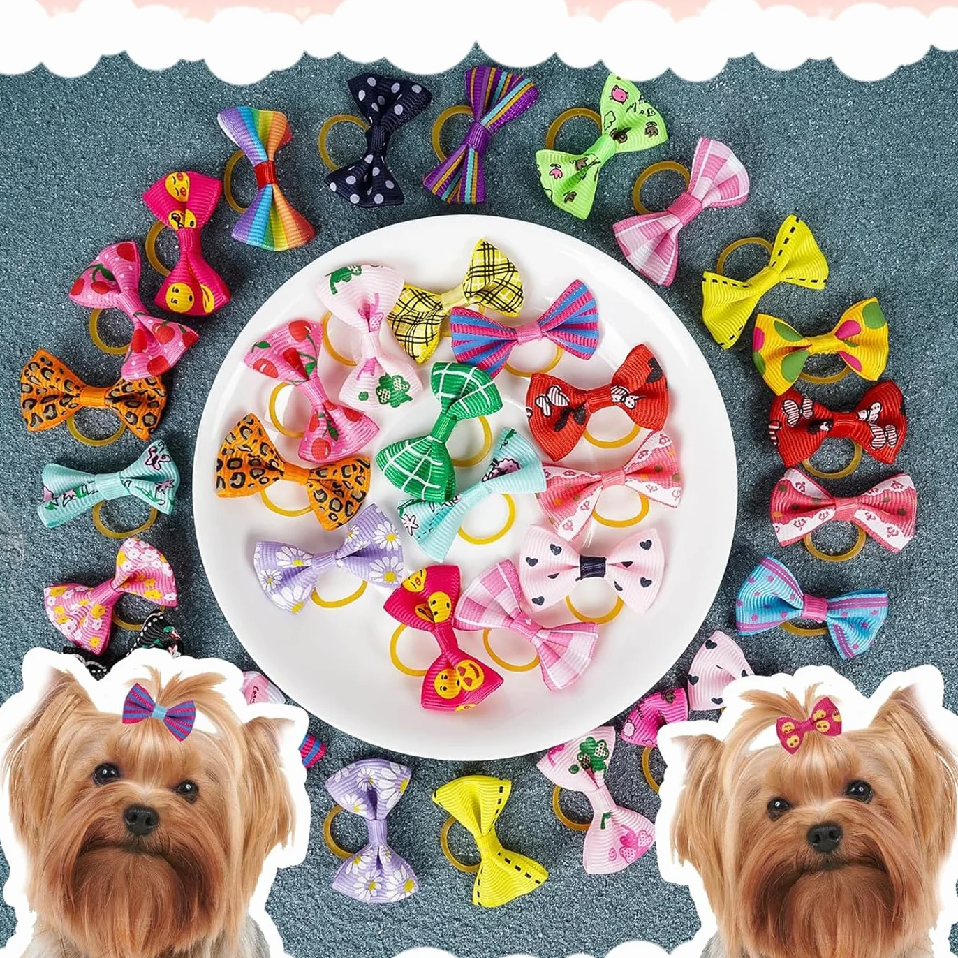 Chenkou Craft Fiocchi per capelli per cani con elastico, diversi motivi, 50 pezzi/25 paia