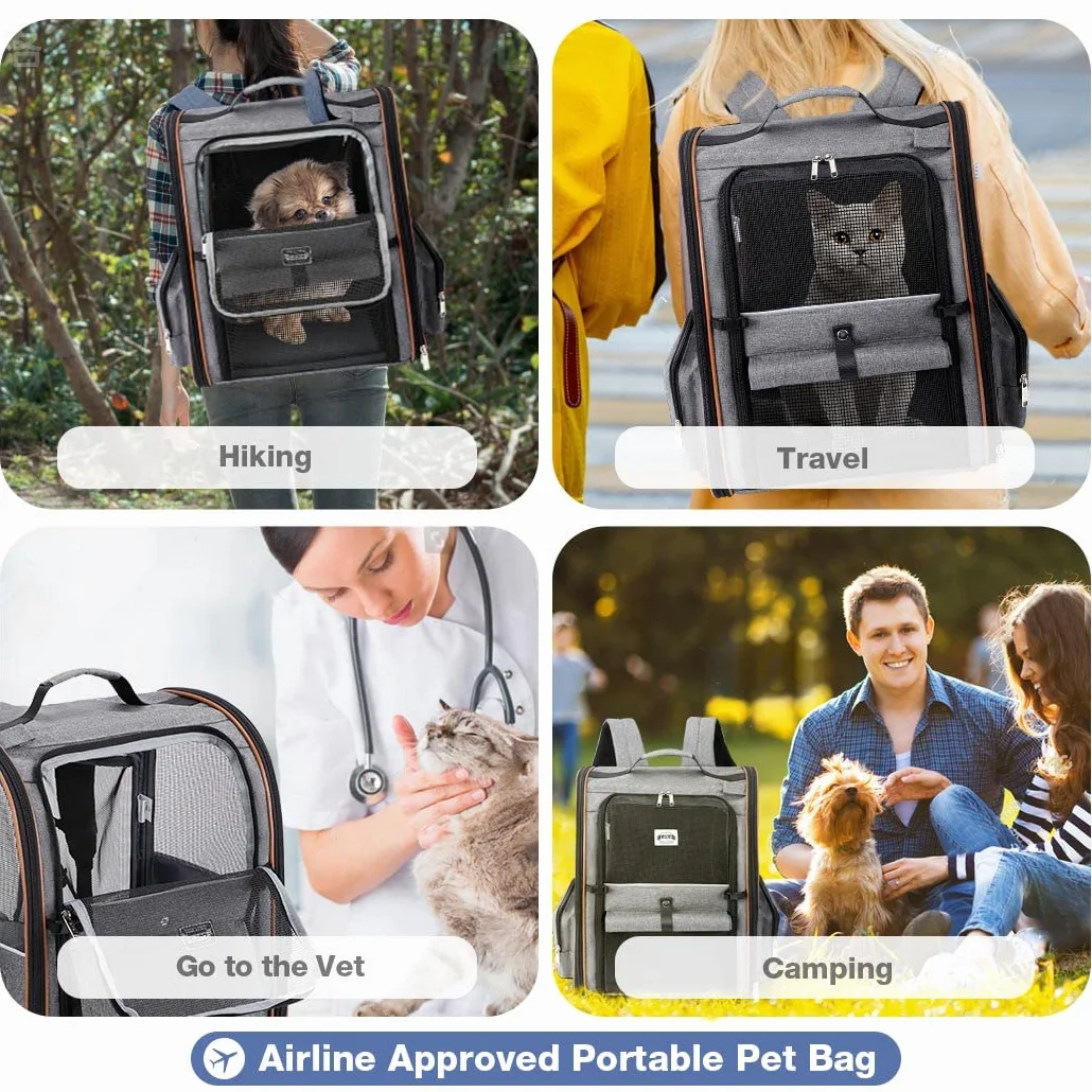 Zaino per Cani Gatti Grande Porta Animali Espandibile Fino a 8 KG, 4 Ingressi, Traspirante, Pieghevole, Grigio