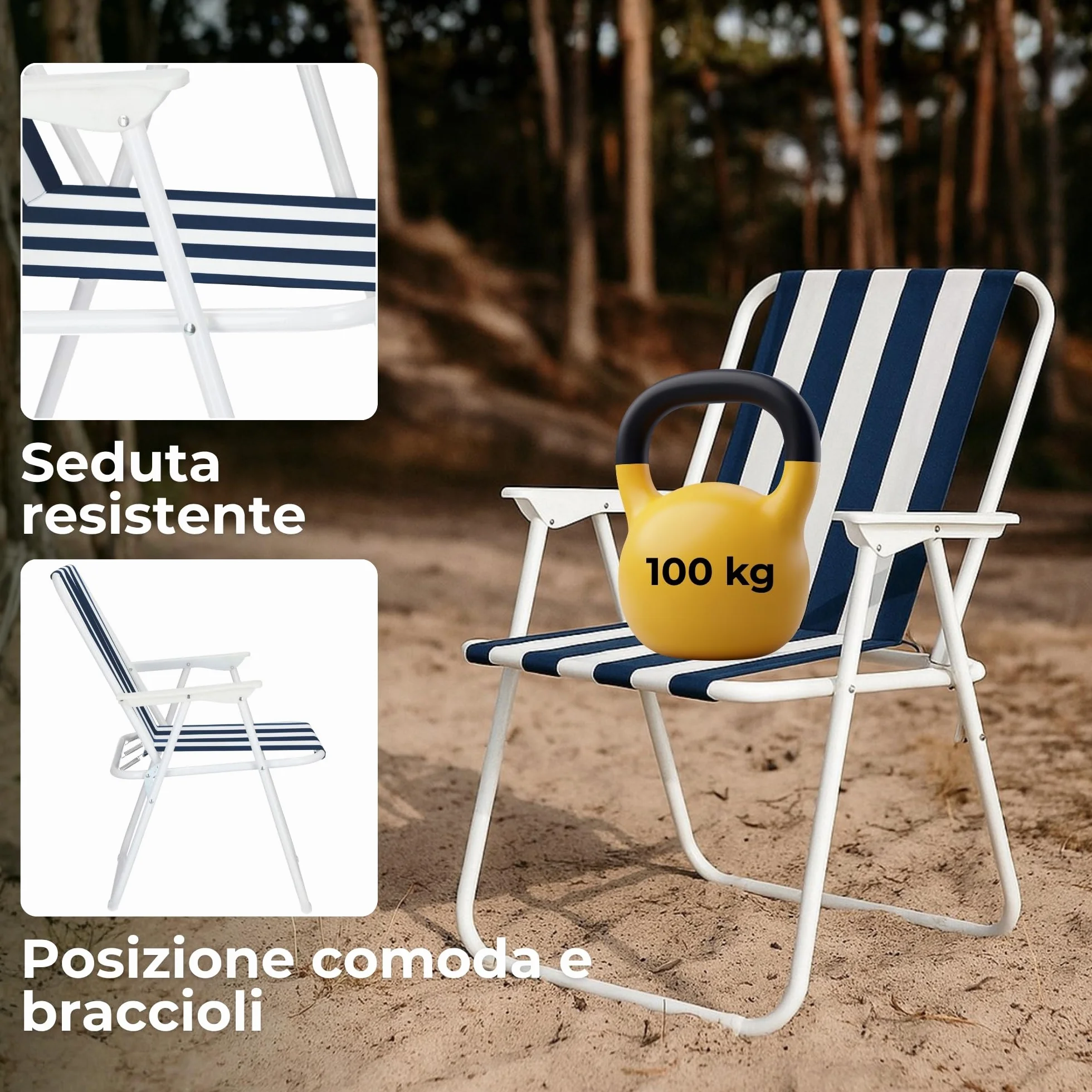 Set 2 Sedie Pieghevoli da Campeggio con Braccioli, Leggere, Telaio in Metallo, 100 kg Carico