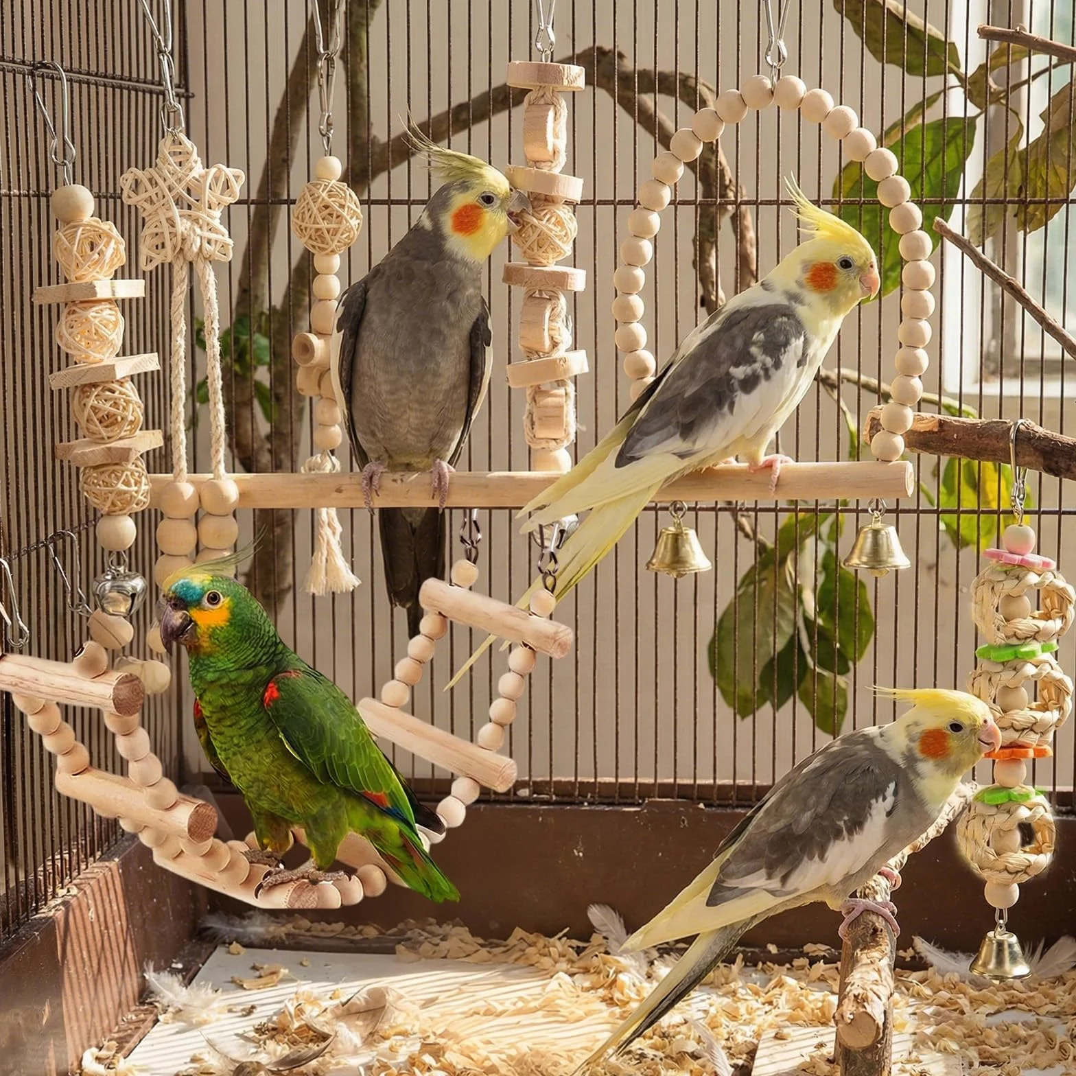 Set di 9 Giochi per Pappagalli in Legno Naturale con Altalena, Scala e Campanella