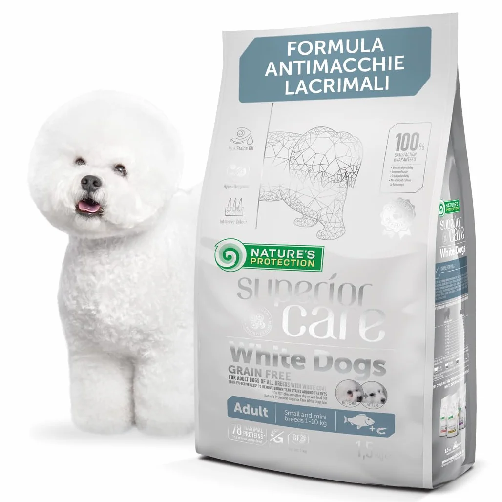 Nature's Protection Superior Care - Cibo Secco Ipoallergenico Senza Cereali per Cani Adulti di Razze Piccole e Mini, Riduce le Macchie di Lacrime, Pesce Bianco, 1,5 kg