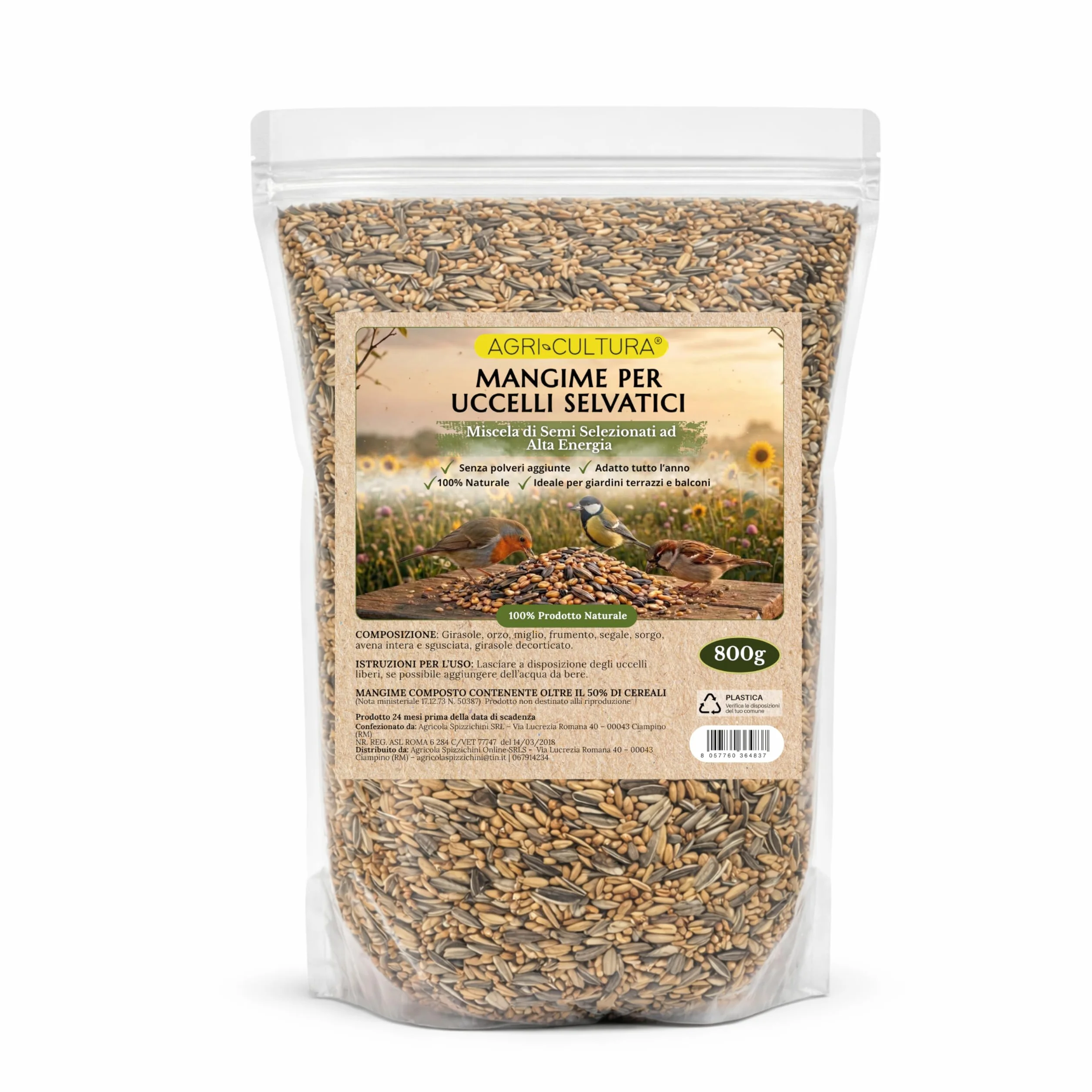 AGRI-CULTURA® | Mangime Uccelli Selvatici 800g | Miscela Semi e Granaglie Naturali per Tutti i tipi di Uccelli | Alimentazione Completa, Ideale per Casette e Aree Protette.