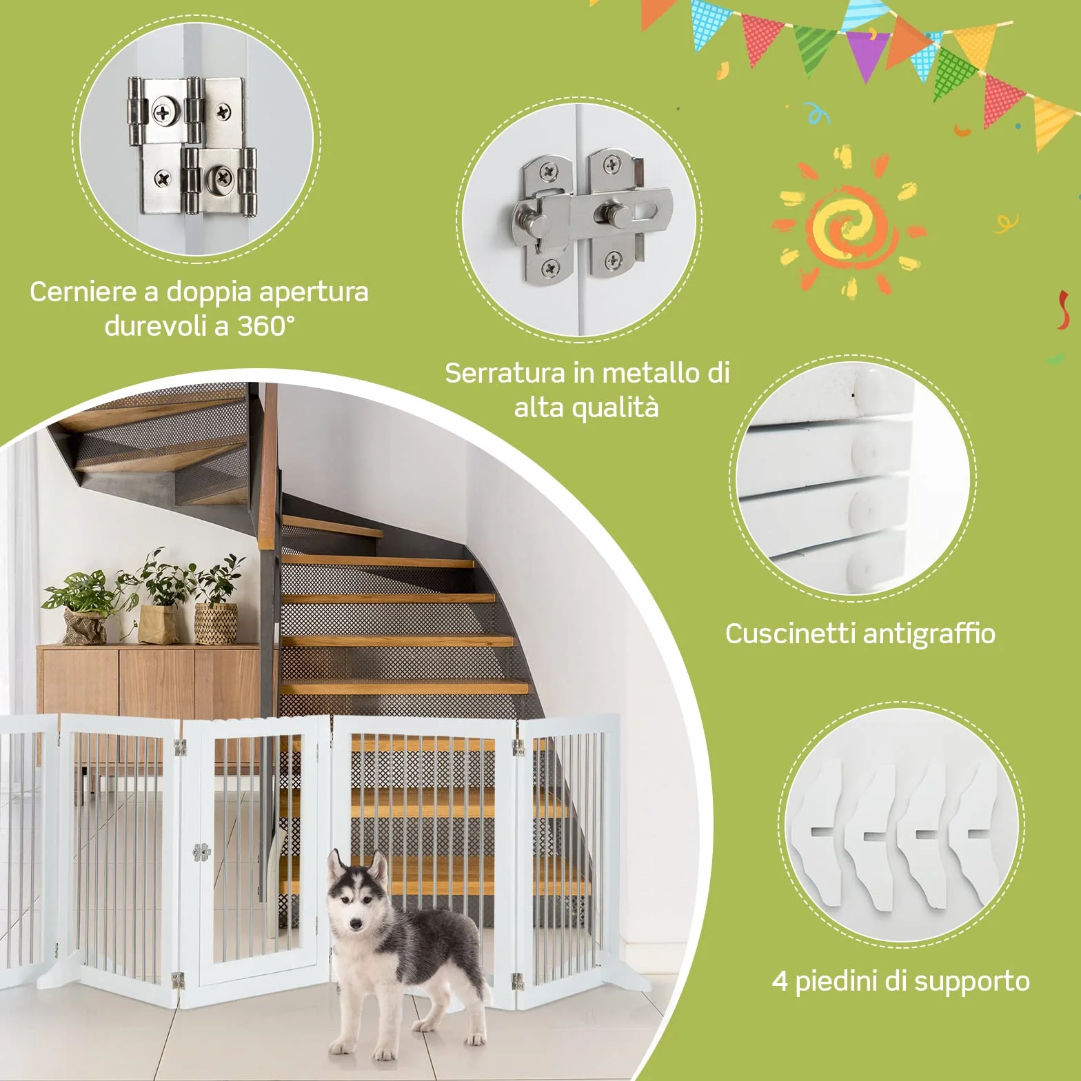 COSTWAY Cancelletto per Cani Pieghevole in Legno, Cancello per Animali Domestici 6 Ante, Box per Cani Piccola/Media Taglia, 80 x 61 x 1,8 cm
