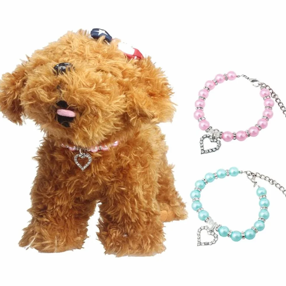 2 collane con perle per cani chihuahua, ciondolo cuore, accessori costume sposa, rosa e blu