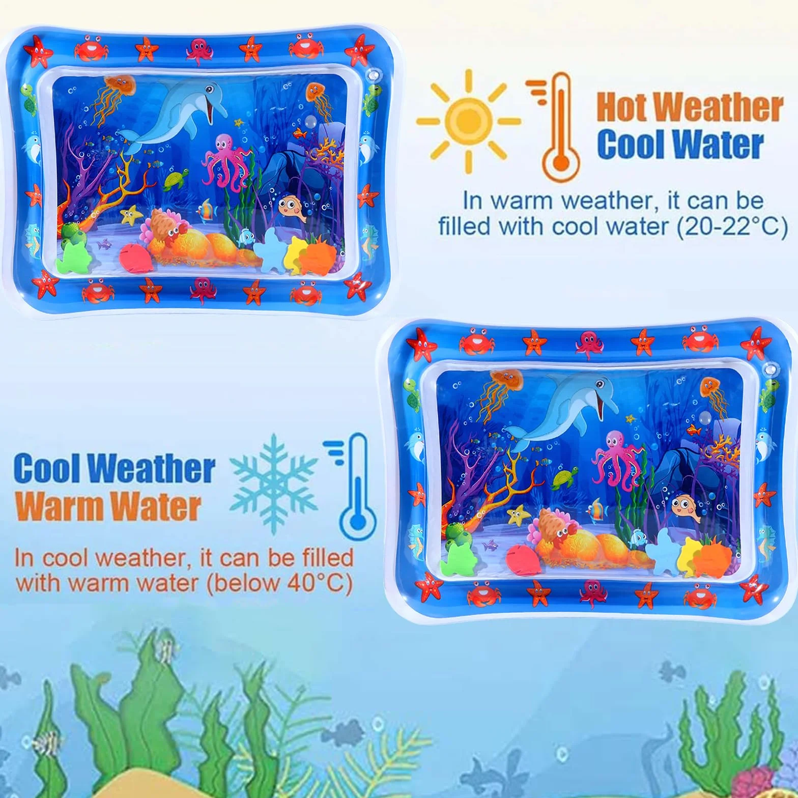 Vinuwu Tappetino gonfiabile ad acqua spesso e confortevole, 50 x 69 cm, delfino con 10 adesivi