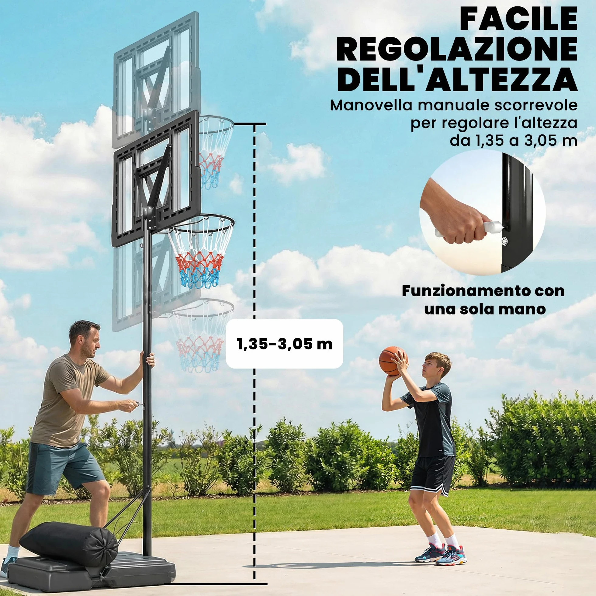 SPORTNOW Canestro Basket Esterno Regolabile in Altezza 135-305 cm, con Ruote, Base Riempibile, Tabellone Infrangibile, Nero
