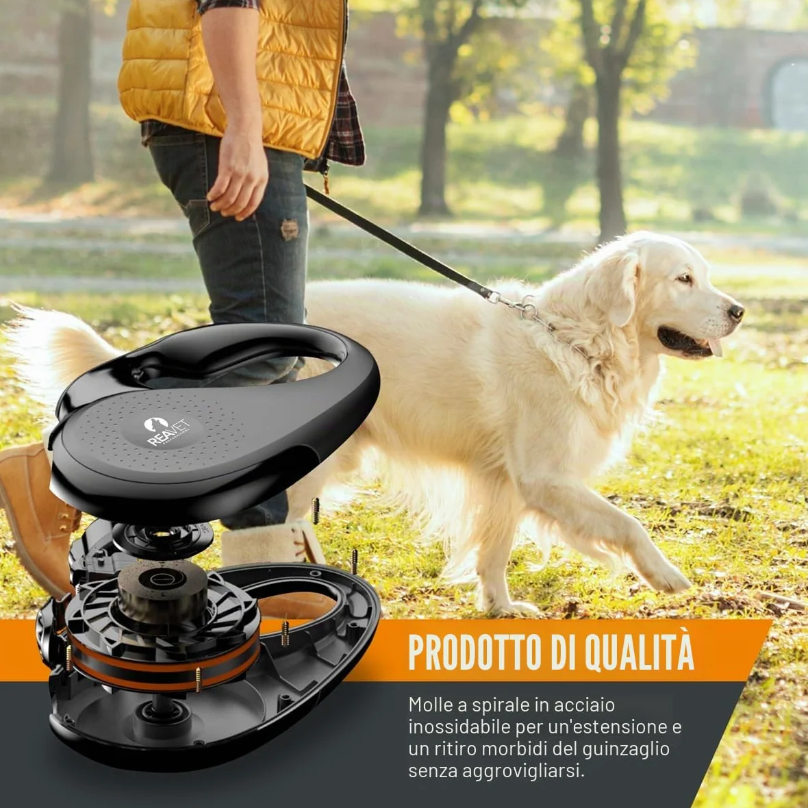 ReaVET Guinzaglio retrattile, 8 m, per cani di grossa taglia (XL), manico ergonomico e antiscivolo, guinzaglio per cani retrattile, robusto guinzaglio estraibile con sistema di arresto dei freni,