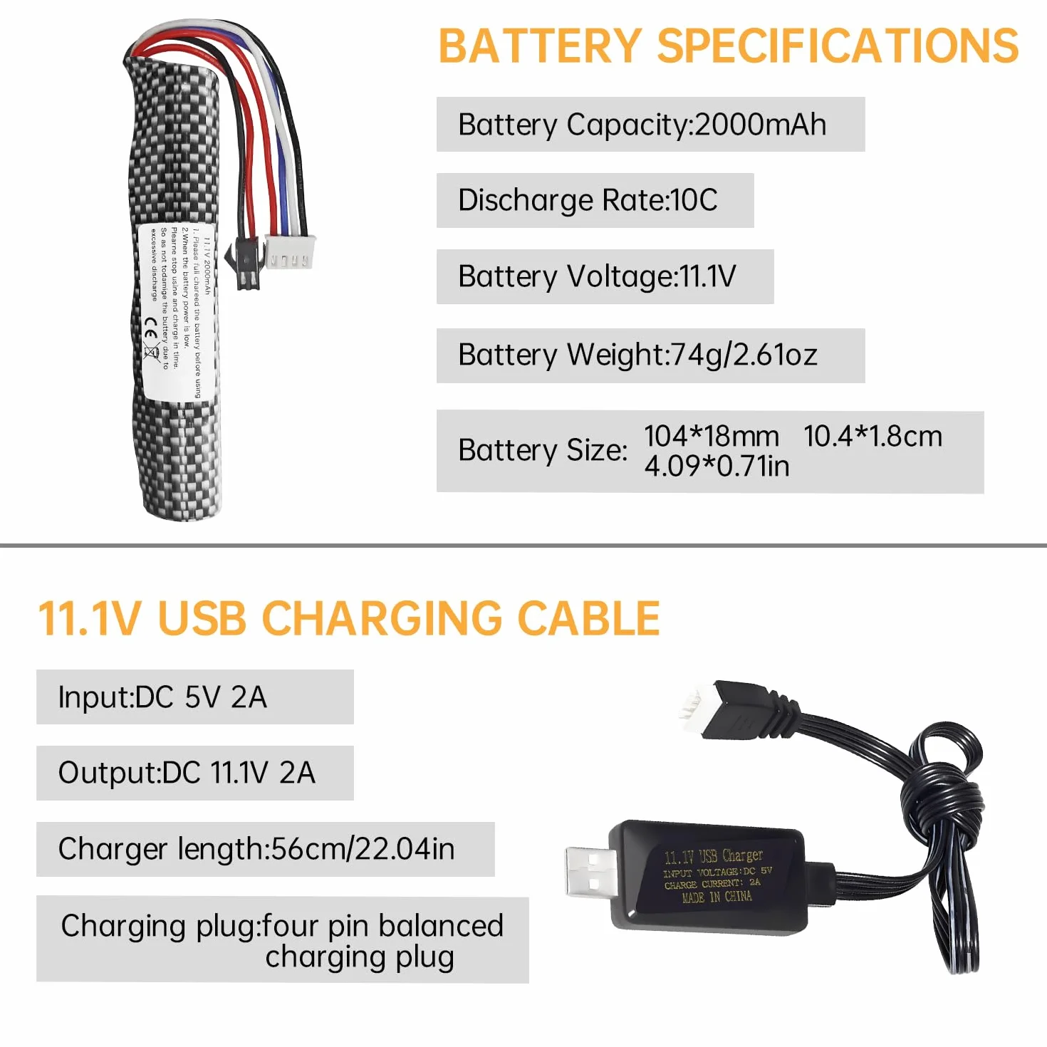 2PCS 3S 11.1V 2000mAh Li-ion batteria SM-2P connettore con cavo di ricarica USB per Airsoft Gel Water Ball Blaster Airsoft Gel Ball Shockwave batteria di ricambio