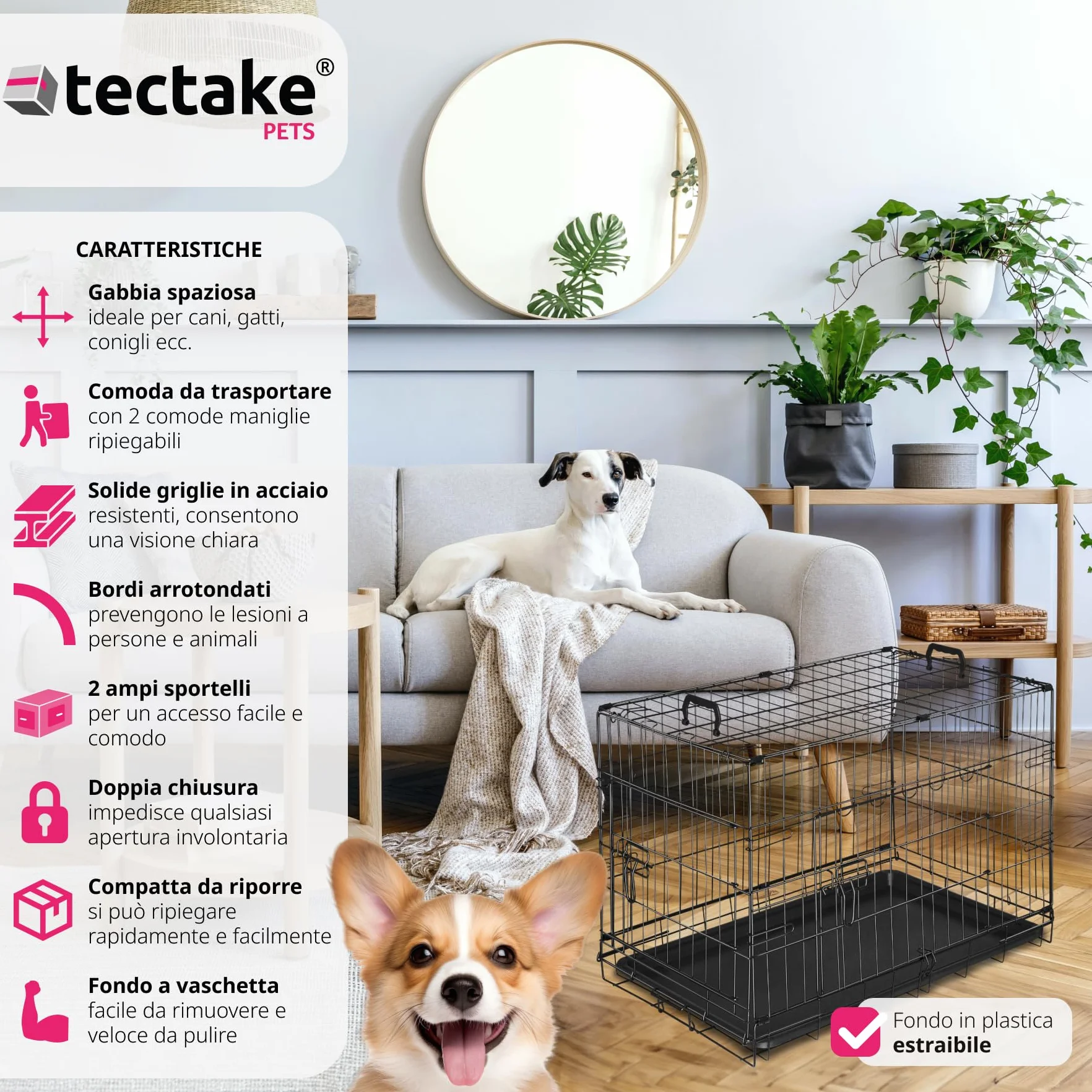 tectake® Trasportino Auto per Cani Spazioso, 78x48x52,5cm, Gabbia per cani con Griglia in Acciaio Robusta, per Gatti, Pieghevole, 2 Porte, Doppia Chiusura, Vasca Rimovibile, 2 Maniglie per Trasporto