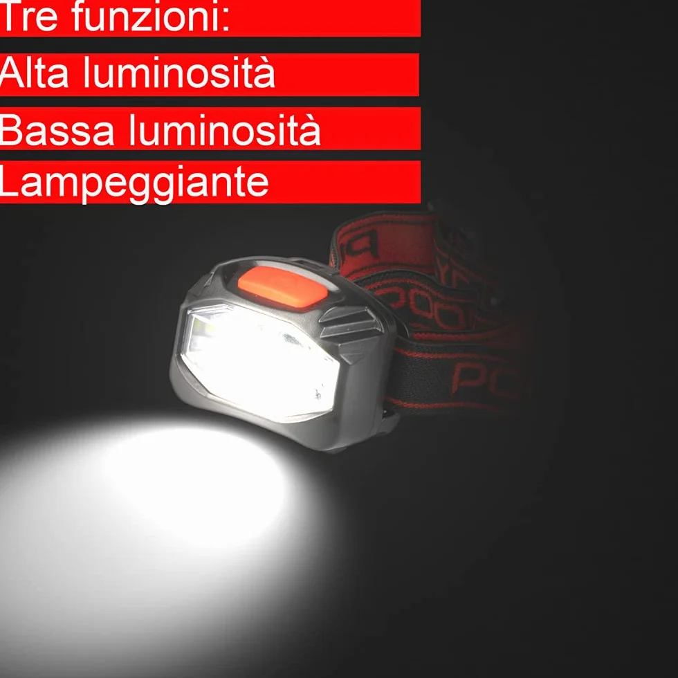 POLY POOL PP3156 Torcia Frontale LED da Trekking e Lavoro all'Aperto 3 Funzioni 130°