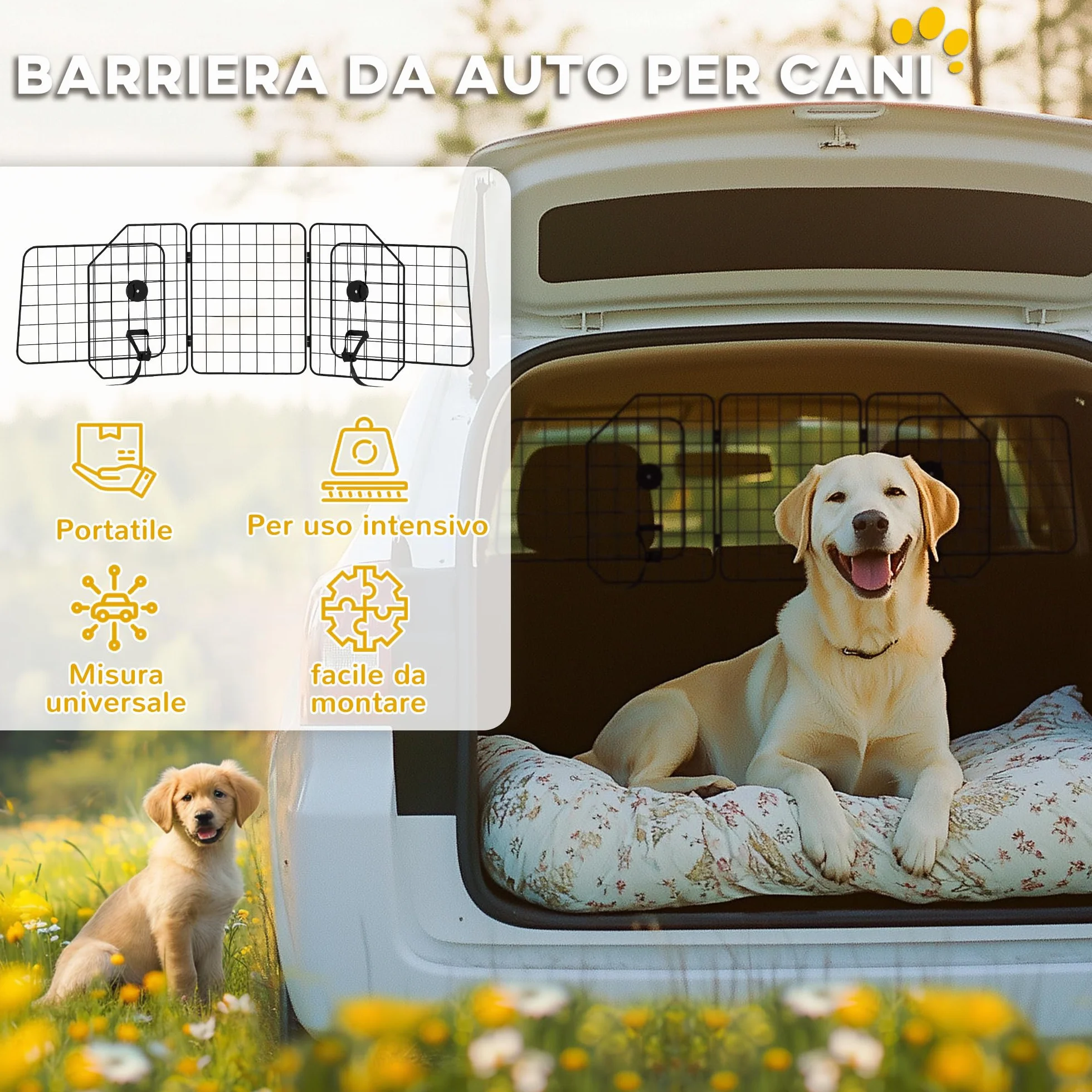 PawHut Griglia Divisoria Auto per Cani Universale, Barriera per Cani con Larghezza Regolabile e Pieghevole, 93-150x42cm, Nero
